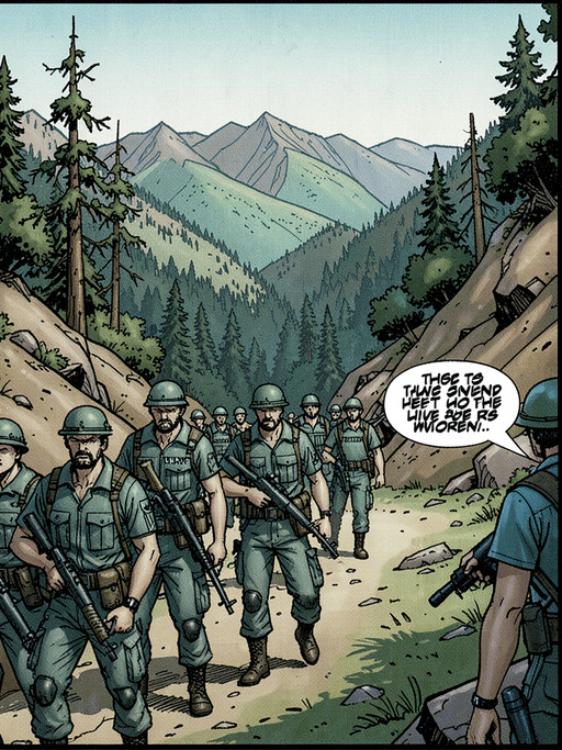 In the style line Colin Wilson, a group of soldiers march into a valley. No text bubbles.