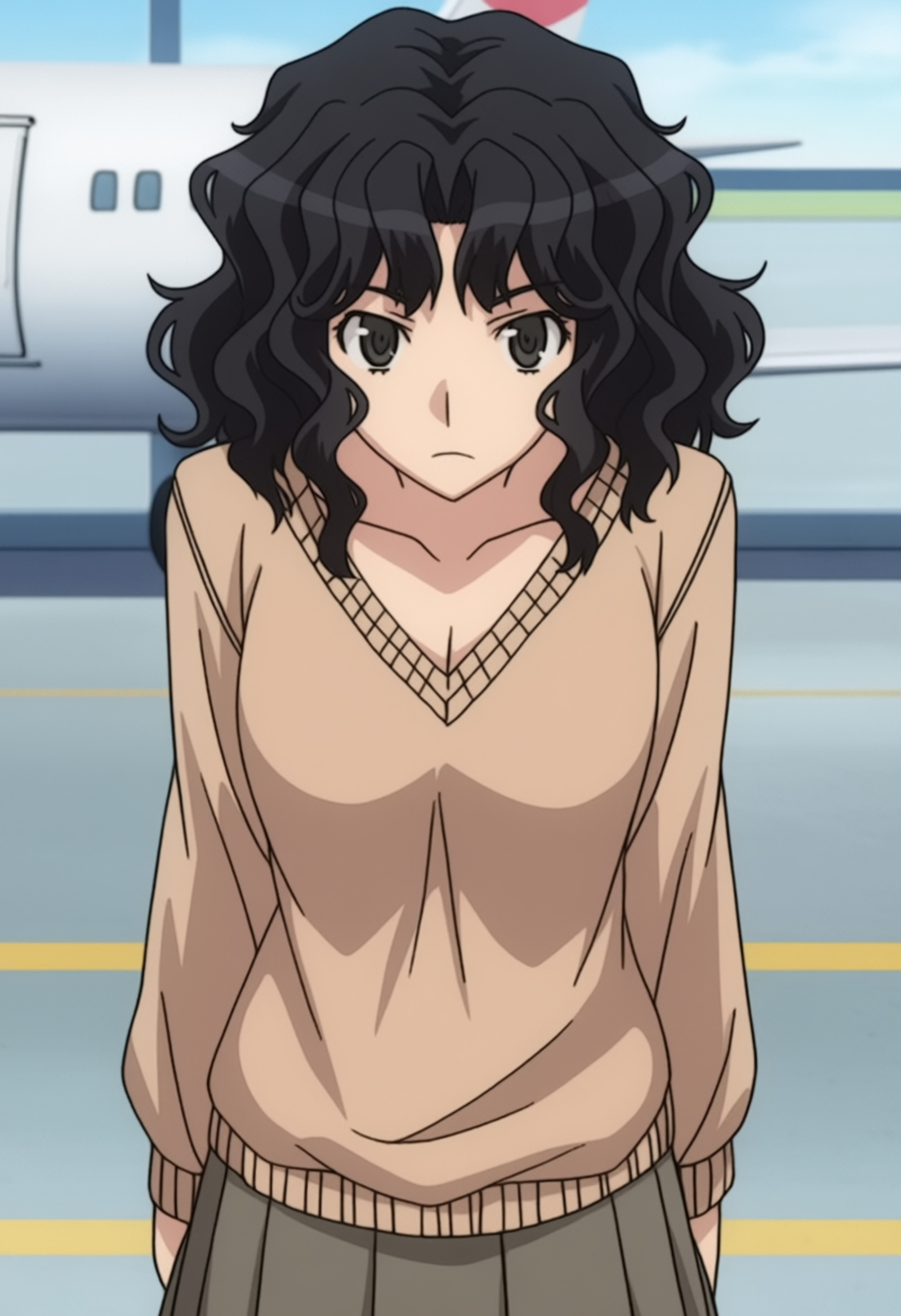 masterpiece, best quality, score_7, amazing quality,, cowboy shot, solo, looking at viewer, , <lora:kaoru-tanamachi-s2-anima-lora-nochekaiser:1>, kaoru tanamachi, tanamachi kaoru, black eyes, black hair, messy hair, mature female, medium breasts, anime screencap, grey skirt, pleated skirt, skirt, sweater,, arms at sides, airport, planes, terminal, security,