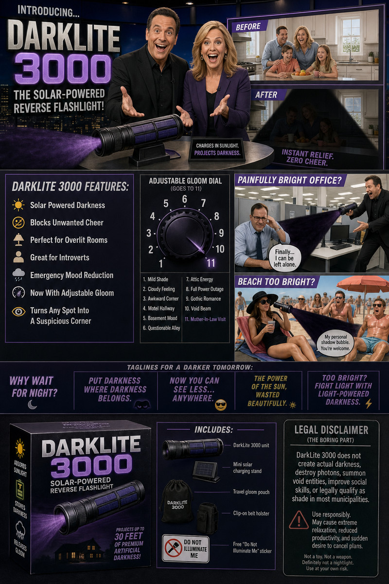 .
Product Name 
The Solar-Powered Reverse Flashlight
The DarkLite 3000
Core Gag
A flashlight-shaped device tha