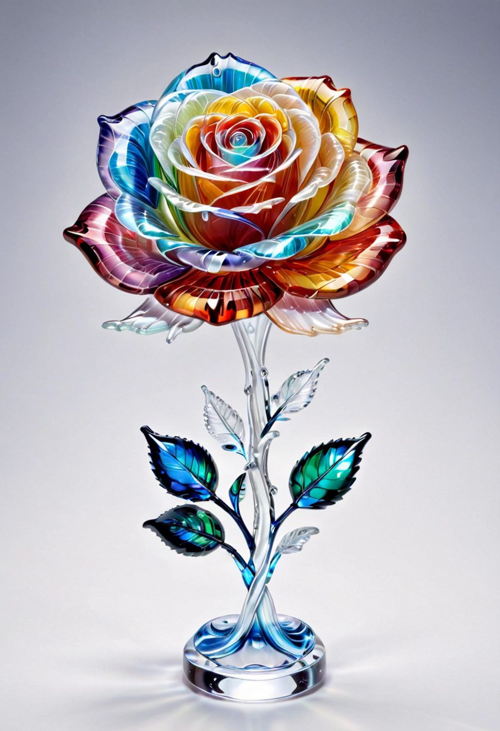 murano_glass_style, 
masterpiece, best quality, solo focus, detailed, an artwork of a stunning multi colored rose, glass rose, crystal rose, background sea,