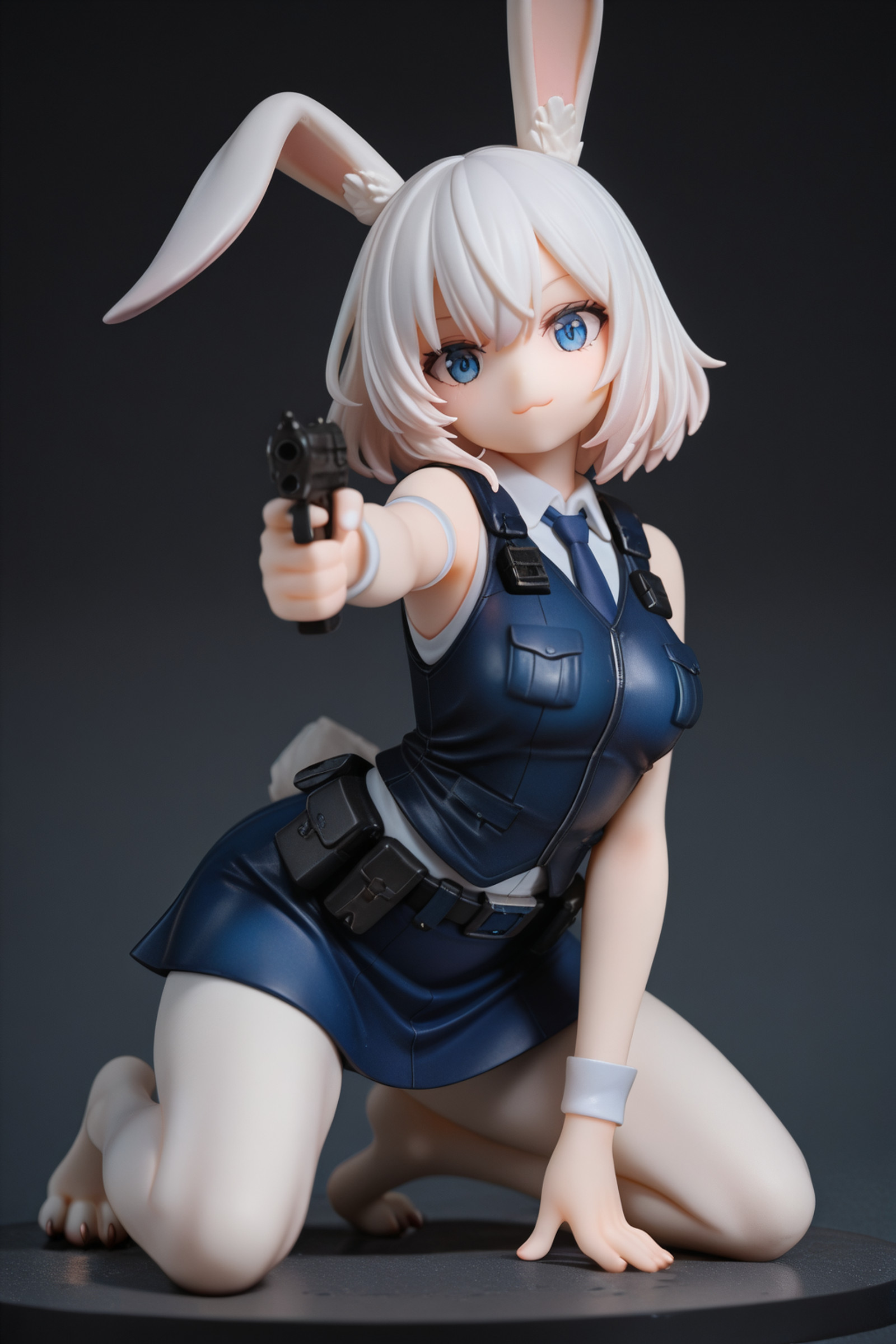 volumetic lighting, hyperrealistic art masterpiece, best quality, high quality, absurdres, very aesthetic, detailed, perfect resolution, amazing quality, newest, perfect, detailed eyes, a girl,solo, assault gear, the war, bare foot, paws,pistol in hand, police outfit, blue skirt, on the stand, sleeveless vest, aiming at viewer, detailed weapon, detailed pistol, beretta M9 smile, cute, toes, toes claws, female, furry, rabbit girl, wild assault, feral, paws, kneeling, one hand on floor, look at viewer, :3, . extremely high-resolution details, realism pushed to extreme, fine texture, incredibly lifelike, masterpiece, best quality, absurdres, 8k uhd, ultra-detailed, soft light diffusion, aesthetic lighting, depth of field, realistic skin texture, aesthetic,