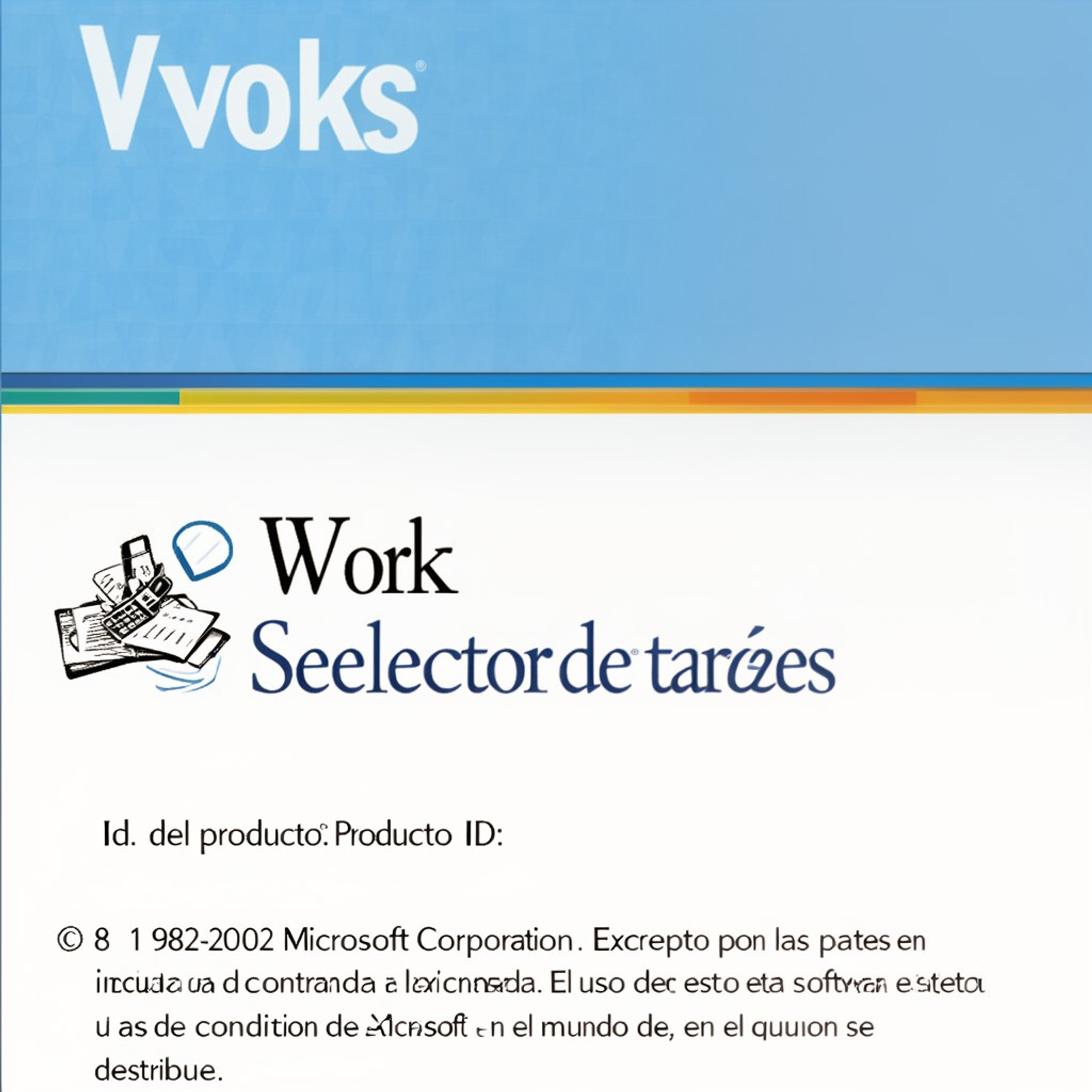This is a digital graphic image with a professional layout, featuring a Microsoft Works logo at the top left in white text on a light blue background with a subtle geometric pattern. The word "Works" is prominently displayed in large, bold, white letters. Below the logo, there is a white rectangular section with a colorful horizontal line at the top, consisting of blue, green, yellow, and orange segments. To the left of the text, there is a small black and white illustration of a pencil and paper with a calculator on top, accompanied by a blue checkmark. The main text reads "Works Selector de tareas" in black and blue letters, with "Works" in black and "Selector de tareas" in blue. Beneath this, in smaller black text, it says "Id. del producto (Producto ID):". Following this, there is a text block in Spanish: "© 8 (1982-2002) Microsoft Corporation. Excepto por las partes incluidas en el contrato de licencia. El uso de este software está sujeto a las condiciones de uso de Microsoft. En el mundo de, en el que se distribuye." The background is predominantly white, and the overall design is clean and minimalistic.