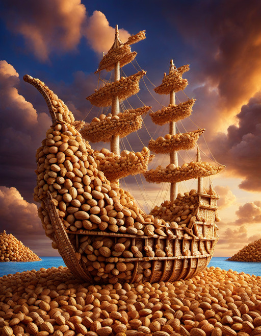Epic cinematic pirate adventure scene, a massive pirate ship made entirely of peanuts, walnut shells, almonds and cashews sailing through a stormy sea of crushed nuts, glowing sunset behind dramatic clouds, almond masts, cracked nutshell sails, walnut cannons firing almond dust, tiny cashew pirates on deck, treasure chest filled with golden nuts, hyper detailed crunchy textures, dynamic low angle composition, polished cinematic fantasy render