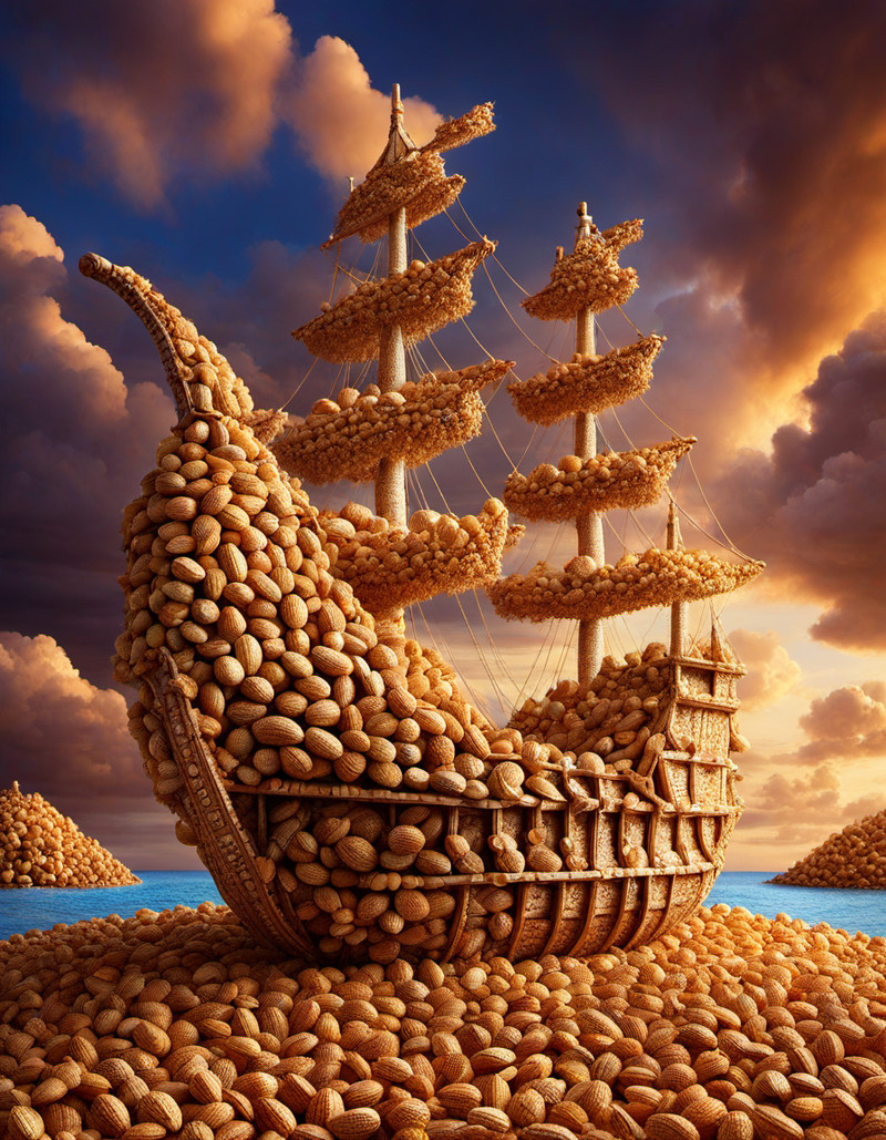 Epic cinematic pirate adventure scene, a massive pirate ship made entirely of peanuts, walnut shells, almonds
