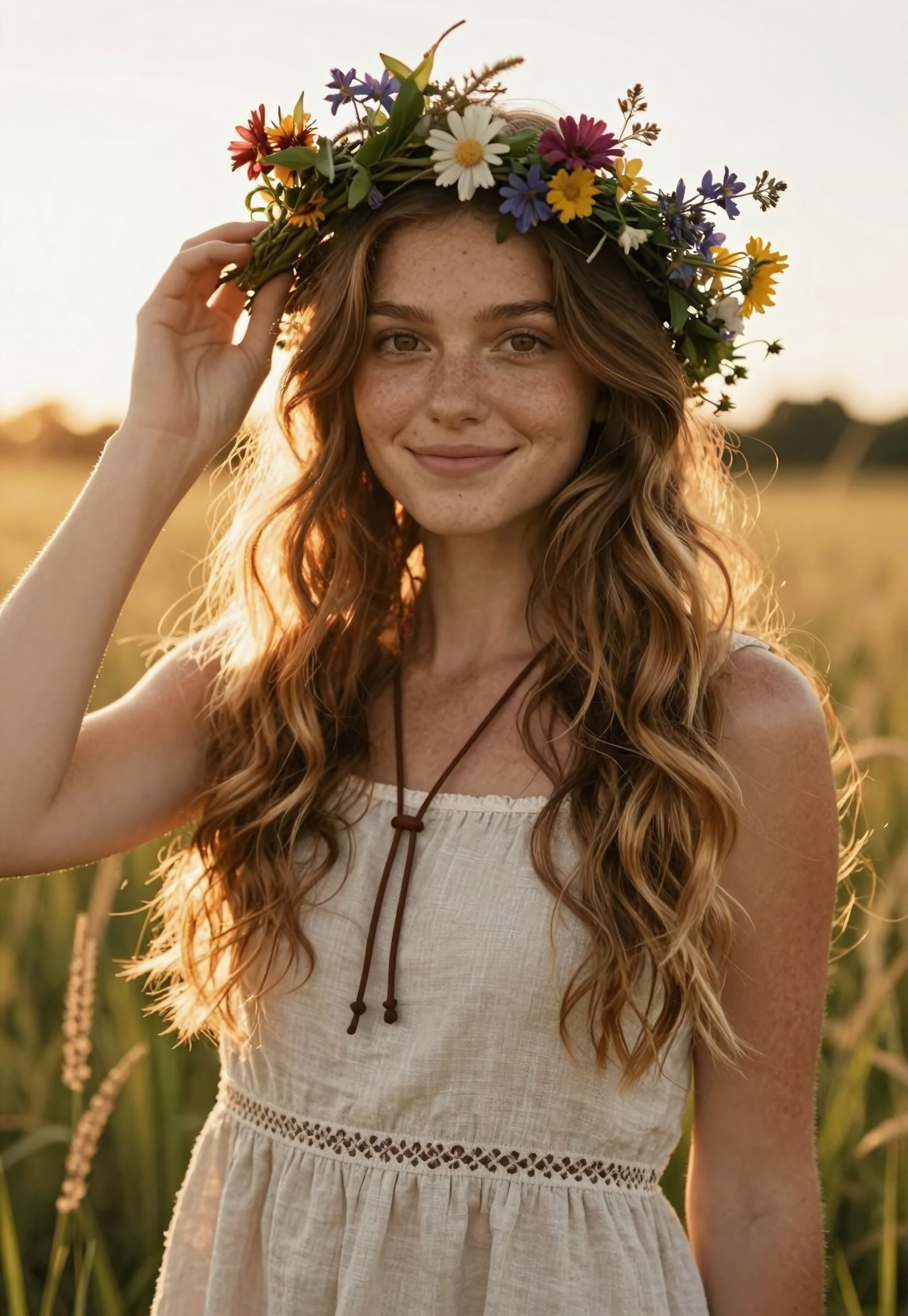 1girl, half-body, focus on torso and face,
wildflower weaver at sunset,
long wavy hair with golden highlights,
warm amber eyes,
wearing a simple linen dress with embroidered hem,
holding a freshly woven flower crown,
sunlit meadow background with tall grass,
soft smile, light freckles,
simple leather cord around neck
((half-body view)), ((fully clothed)),<lora:DandonFuga_Style_v.2_-_Pony:0.8> 
<lora:add-detail-xl:1> 
<lora:Dynamic Poses:1>
