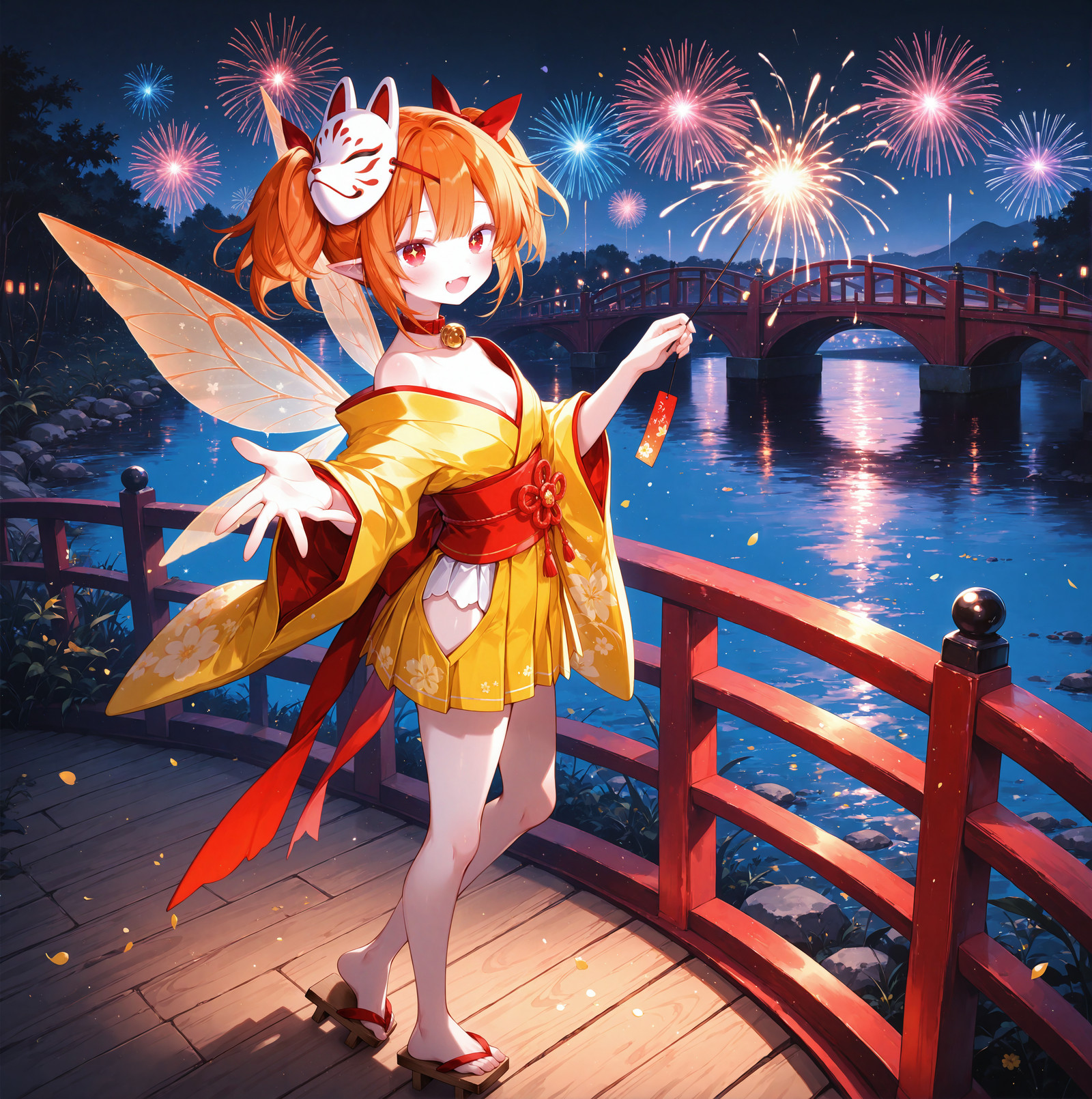 masterpiece,best quality,good quality,<lora:Smooth_Booster_v5:0.5>,ibara riato,fairy wings, fireworks, orange hair, fox mask, twintails, hair ribbon, pointy ears,
