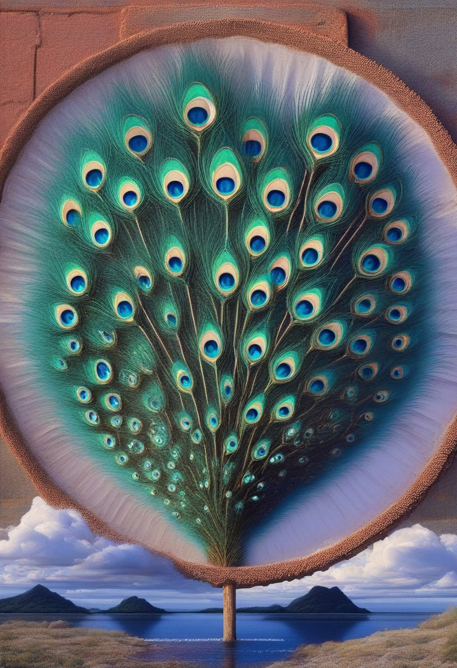 lazypos, Peacock.

digital painting of a boring suburban street. The asphalt is actively morphing into a river of shimmering peacock feathers, with thousands of iridescent "eyes" blinking in unison. Parked cars are being reclaimed, their metal shells becoming ornate, plumed peacock bodies. In the center of the road, a majestic Phoenix is perched on a stop sign that has turned into a golden perch, its wings shedding explosive orbs of orange light that contrast against the deep teals of the street. Witty, surreal, and high-contrast.