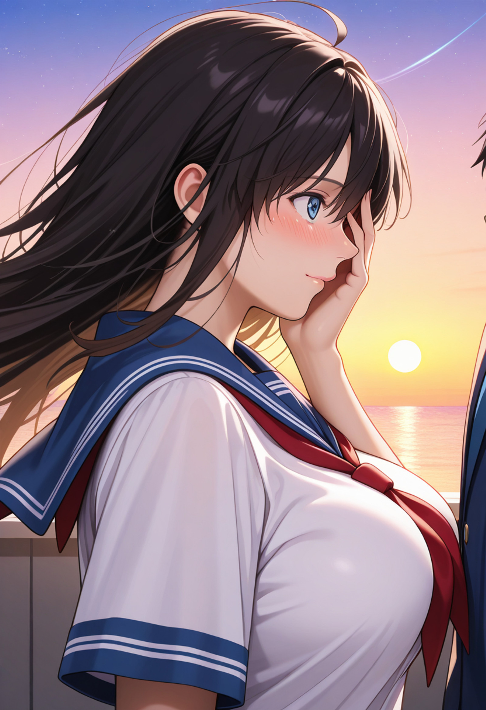 convenience store, store clerk,, embedding:lazypos, newest, explicit,
<lora:kitamura_kaori_-_Midareuchi:1>,
1girl, solo,
ka0ri_kitamura6, (detailed hair:1.2), (detailed eyes:1.3),
black hair, long hair, blue eyes, large breasts,
, 
netorare, cheating, wind,
BREAK
doyagao, blush, lovestruck,happy, staring, closed mouth,
school uniform, winter uniform, , ,
standing, 
facepalm, covering face, hand on own face,
looking at another,
from side, close-up,
outdoors, seascape, twilight, star \(sky\), crescent moon, ,  
dynamic pose,dynamic angle, high-key lighting,