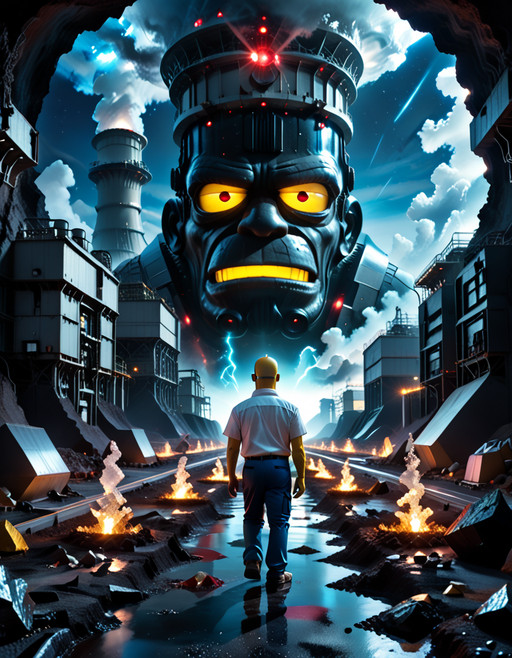 Homer Simpson, wearing a white shirt and blue pants, walkng down an obsidian path, , at night, between glowing nuclear power plants made of obsidian
in a breathtaking scene bursting with obsidian shards, glowing reds, misty atmospheres, and that irresistible crystalline allure
lazypos,   <lora:add-detail-xl:0.85>     <lora:Obsidianify:1>