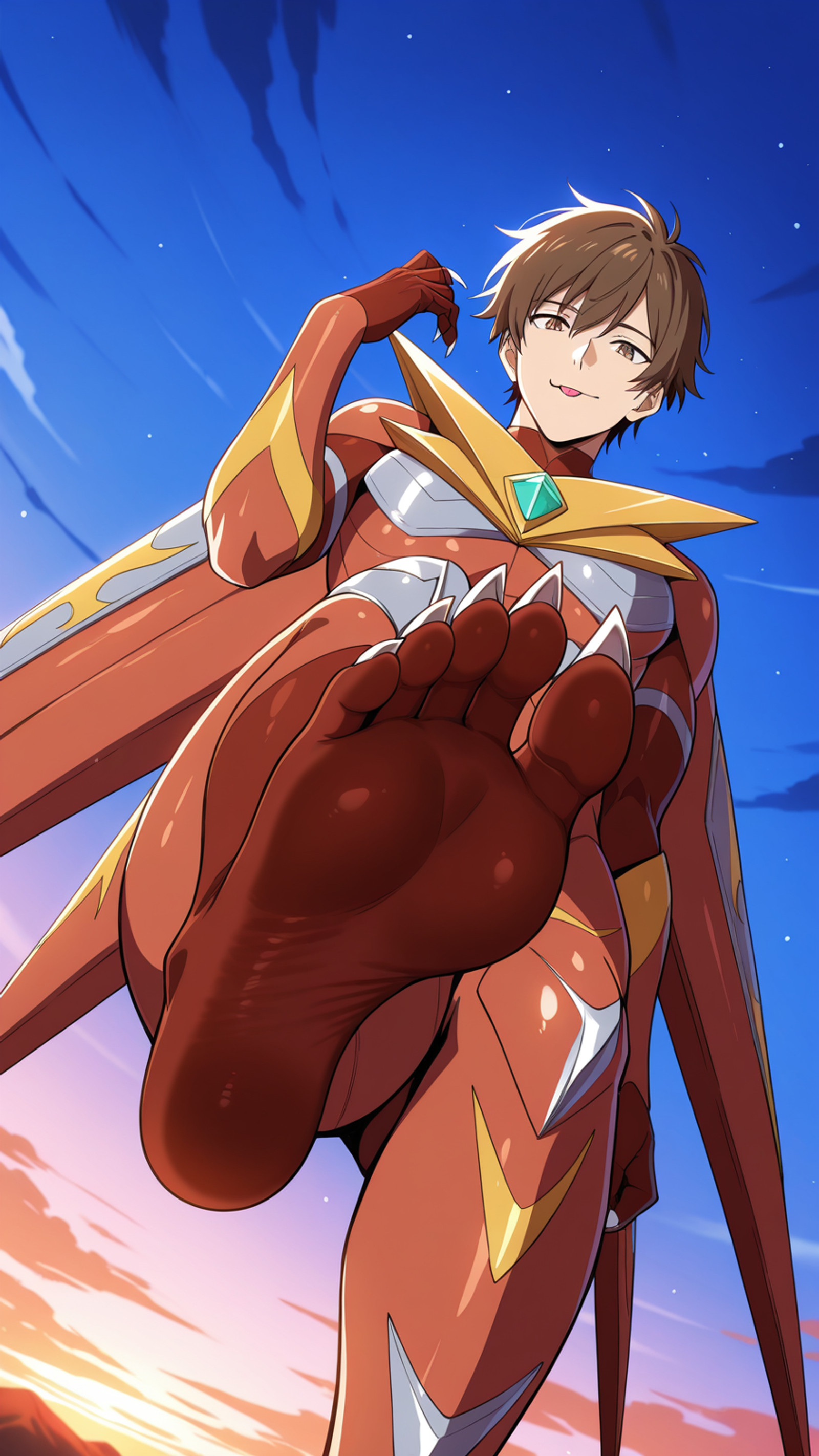 masterpiece, 4k, best quality, sharp aliasing, highly detailed, intricately detailed illustration, (solo:1.5), (1male:1.5), (male Adult:1.5), anime coloring, source_anime BREAK <lora:FusionArmor:1.5> FusionArmor, Wings, Claws, Red body, Humanoid body, barefoot, toe claws, (red feet:1.5), ( brown hair:1.5), (brown eyes:1.5), outdoors, (human face:1.5), anime colouring, (floating in sky:1.5), (licking feet:1.5), (footworship:1.5), view above