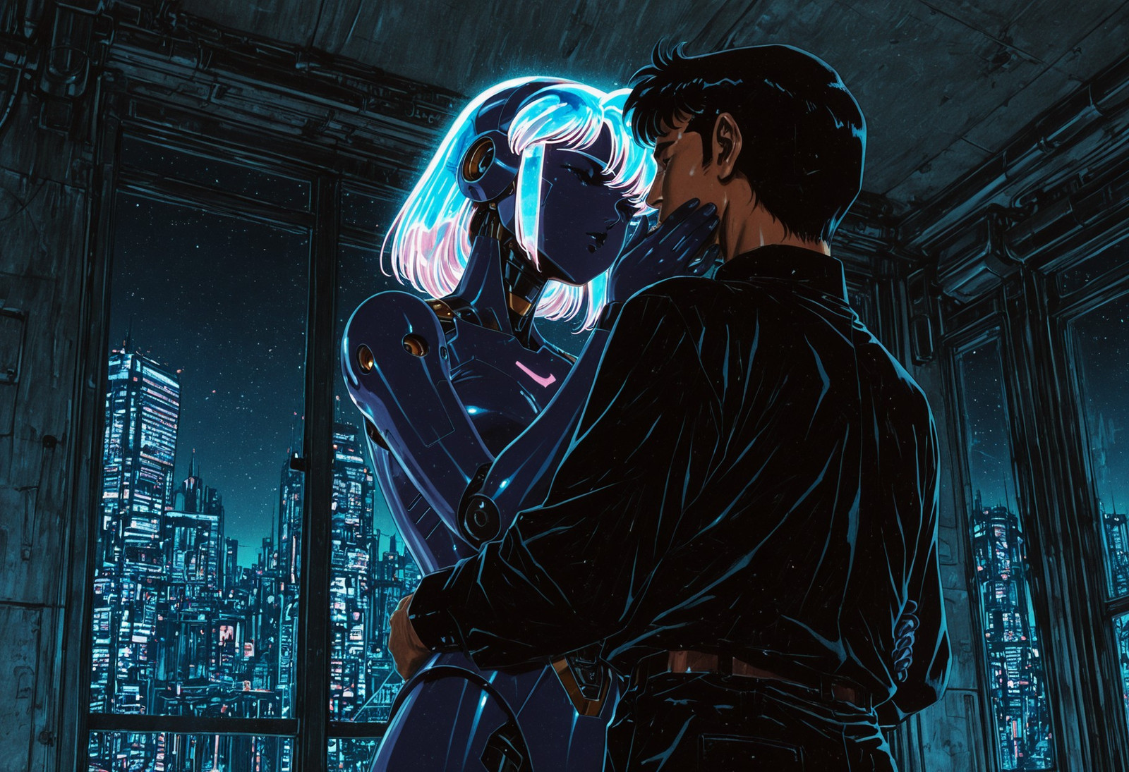 IllusP0s, traditional media, realistic, concept art, science fiction, cowboy shot, cyberpunk, (urushihara satoshi:0.7), (murata yuusuke:0.8), (1980s \(style\):0.7), noir, 
1girl, 1boy, couple, hand on another's cheek, hug, romantic, 
robot girl, android, mechabare, robot joints, mechanical parts, holographic hair, 
window, cityscape, indoors, night, dim lighting, perspective, HDR,  Nijic6ber,