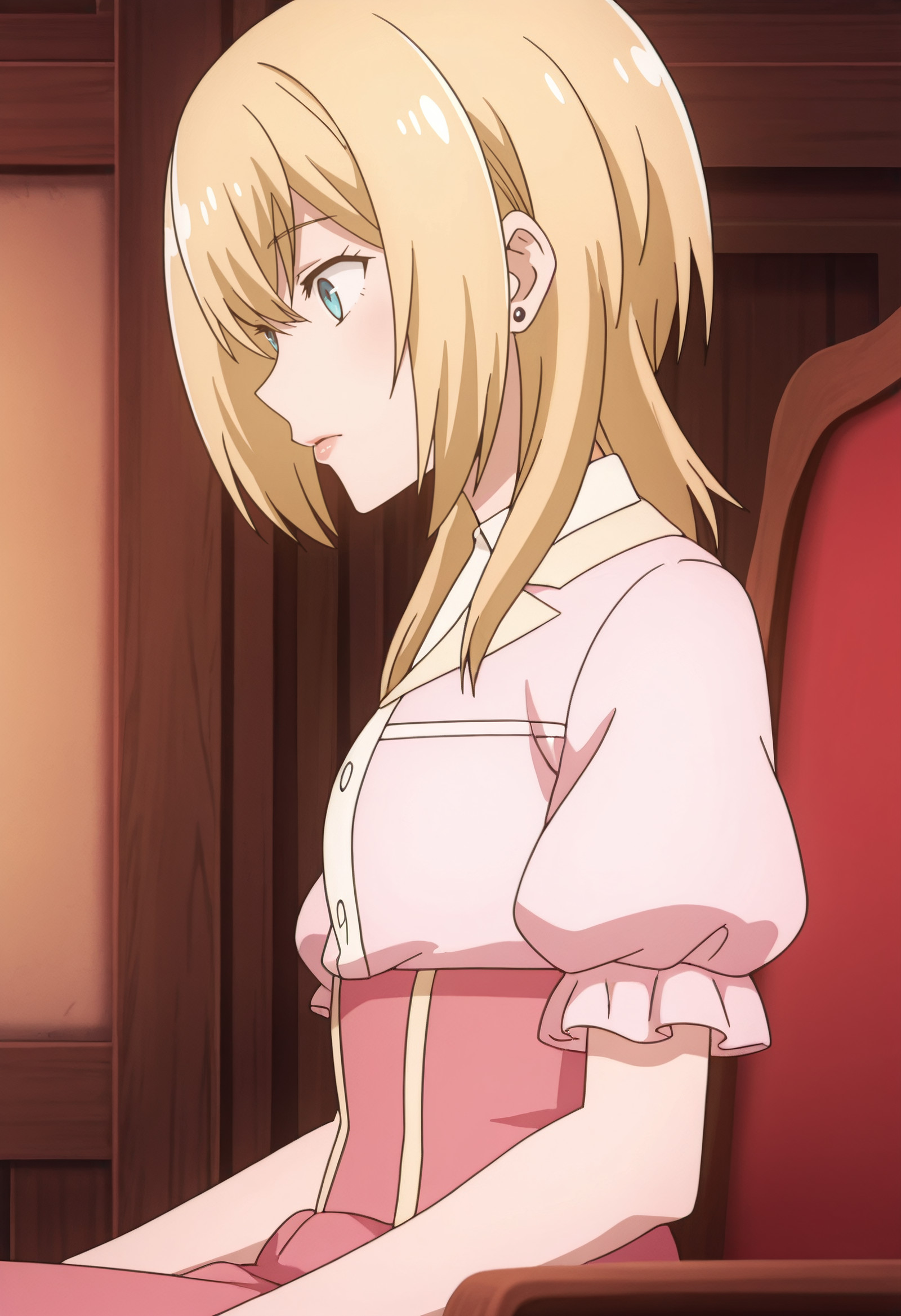    masterpiece, best quality, amazing quality, anime_screencap, Sharp, piercing gaze, lips slightly parted in a quiet command, eyebrow arched, intense focus, no trace of submission, SNSLurie, blonde_hair, long_hair, blue_eyes, hair_between_eyes, sidelocks,  solo, LurieShirt, pink_shirt, short_sleeves, pink_skirt, puffy_short_sleeves, puffy_sleeves, high-waist_skirt, dress_shirt,  sitting, on chair, from side, side view, cowboy shot, <segment:girl's face,0.55,0.2//cid=11> Sharp, piercing gaze, lips slightly parted in a quiet command, eyebrow arched, intense focus, no trace of submission, SNSLurie, blonde_hair, long_hair, blue_eyes, hair_between_eyes, sidelocks, 