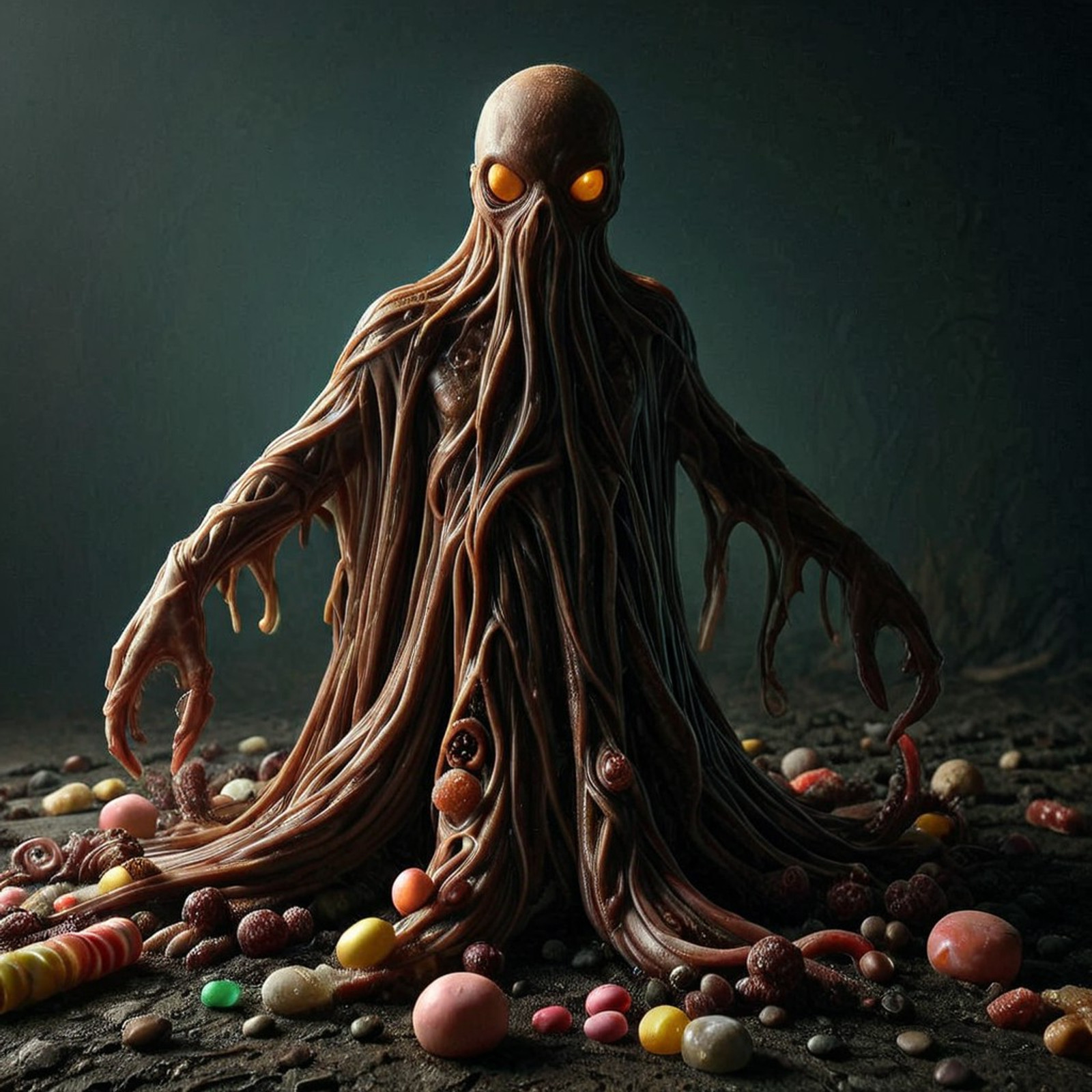 Stable_Yogis_PDXL_Positives, h0rr0rstyl3, masterpiece, best quality, amazing quality, very aesthetic, high resolution, ultra-detailed, absurdres, newest, eerie, stygical, gloomy, decay, haunting evil octopus made of candy, full body, light and shadow background, chiaroscuro background, outdoors, science fiction,