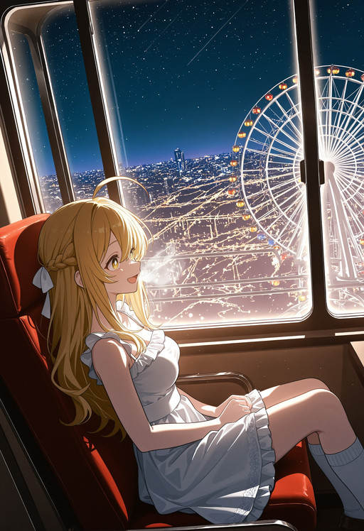1 girl, solo, depth of field,
(medium breasts:1.1), (blonde hair:1.2), big round eyes, yellow eyes, white pupils, white hair ribbon, (french braid:1.3), long hair, hair between eyes, japanese ahoge,   
BREAK
awestruck wonder expression, amazed eyes, happy open smile, yellow ruffled dress with white trim, white knee socks, sitting in ferris wheel carriage, looking out at spectacular night city view, side view, hand on window, carnival lights spread below, city skyline in distance, stars visible in sky, night breeze blowing hair, leaning toward window, both hands pressed against glass, legs on seat, wonder at the view pose. medium shot, inside carriage angle, night lighting with city lights, romantic carnival moment, 
BREAK  
(dynamic pose:1.1), (dynamic angle:1.1), dutch angle,
soft anime lighting, cinematic lighting, volumetric lighting, ray tracing, dramatic shadows, 
masterpiece, best quality, amazing quality, 4k, very aesthetic, high resolution, ultra-detailed, absurdres, newest, ultra-HD,