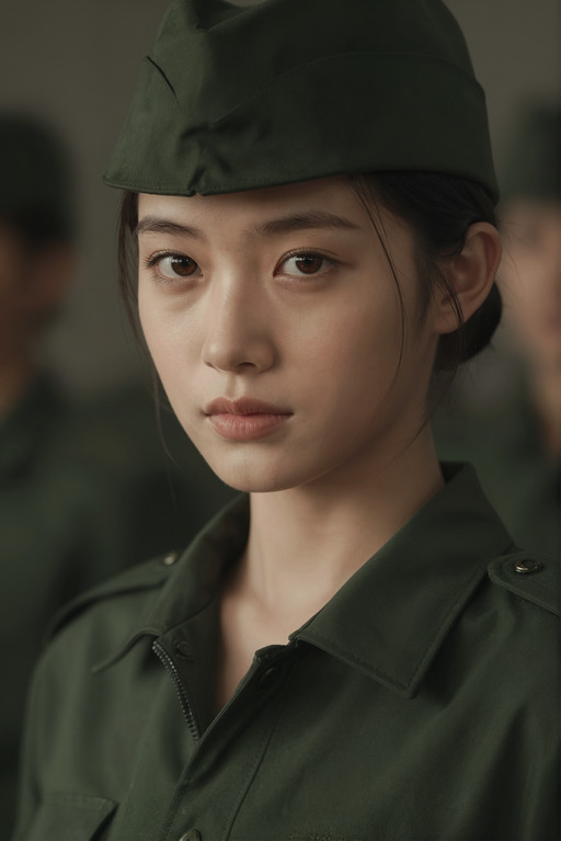 Ultraârealistic portrait of a 21âyearâold Chinese woman, visible from the chest up, wearing a Chinese military-style uniform in a high-fashion editorial interpretation. She wears a structured olive-green military jacket, slightly unbuttoned at the top in a chic, magazine-style manner (not provocative), revealing only the collarbones. She also wears a matching military cap, tilted with subtle attitude.
Facial details:
â Eyes: almond-shaped, slightly elongated, warm dark-brown irises with subtle golden flecks, calm and confident gaze, soft natural eyelid crease, long straight lashes.
â Eyebrows: straight, slightly thick, gently sloping downward toward the outer edge, giving a serene expression.
â Nose: straight and refined, smooth bridge, softly rounded tip.
â Cheekbones: high and softly defined, catching the light naturally.
â Jawline: smooth and slightly rounded, youthful but authoritative.
â Chin: small and gently pointed.
â Mouth: full natural lips with a well-defined Cupidâs bow, soft rose tone.
â Skin: warm beige tone, natural matte finish, faint freckles across the nose and upper cheeks.
â Forehead: slightly broad and smooth.
â Hair: straight black hair tied into a neat low bun, with a few loose strands framing her face.
Lighting is soft, cinematic, and directional, highlighting the contours of her face and the texture of the uniform. Background is neutral and slightly blurred, evoking a studio portrait with subtle military tones. Aesthetic: hyper-realistic 8K, fashion editorial, elegance through discipline and simplicity.
85mm f/11 clarity photorealistic quality, professional cinematography, directional lighting with sharp dramatic shadows