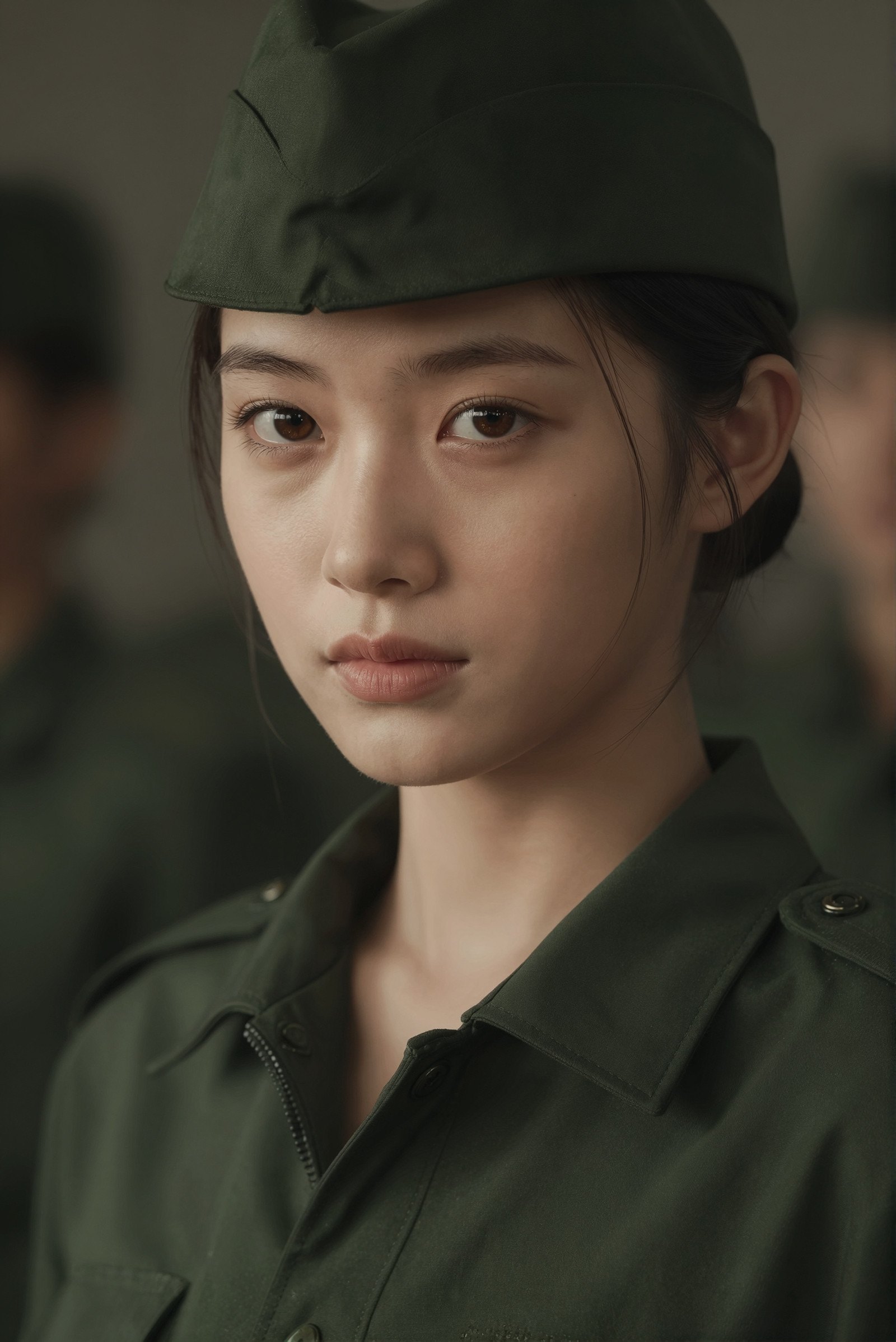 Ultraârealistic portrait of a 21âyearâold Chinese woman, visible from the chest up, wearing a Chinese military-style uniform in a high-fashion editorial interpretation. She wears a structured olive-green military jacket, slightly unbuttoned at the top in a chic, magazine-style manner (not provocative), revealing only the collarbones. She also wears a matching military cap, tilted with subtle attitude.
Facial details:
â Eyes: almond-shaped, slightly elongated, warm dark-brown irises with subtle golden flecks, calm and confident gaze, soft natural eyelid crease, long straight lashes.
â Eyebrows: straight, slightly thick, gently sloping downward toward the outer edge, giving a serene expression.
â Nose: straight and refined, smooth bridge, softly rounded tip.
â Cheekbones: high and softly defined, catching the light naturally.
â Jawline: smooth and slightly rounded, youthful but authoritative.
â Chin: small and gently pointed.
â Mouth: full natural lips with a well-defined Cupidâs bow, soft rose tone.
â Skin: warm beige tone, natural matte finish, faint freckles across the nose and upper cheeks.
â Forehead: slightly broad and smooth.
â Hair: straight black hair tied into a neat low bun, with a few loose strands framing her face.
Lighting is soft, cinematic, and directional, highlighting the contours of her face and the texture of the uniform. Background is neutral and slightly blurred, evoking a studio portrait with subtle military tones. Aesthetic: hyper-realistic 8K, fashion editorial, elegance through discipline and simplicity.
85mm f/11 clarity photorealistic quality, professional cinematography, directional lighting with sharp dramatic shadows