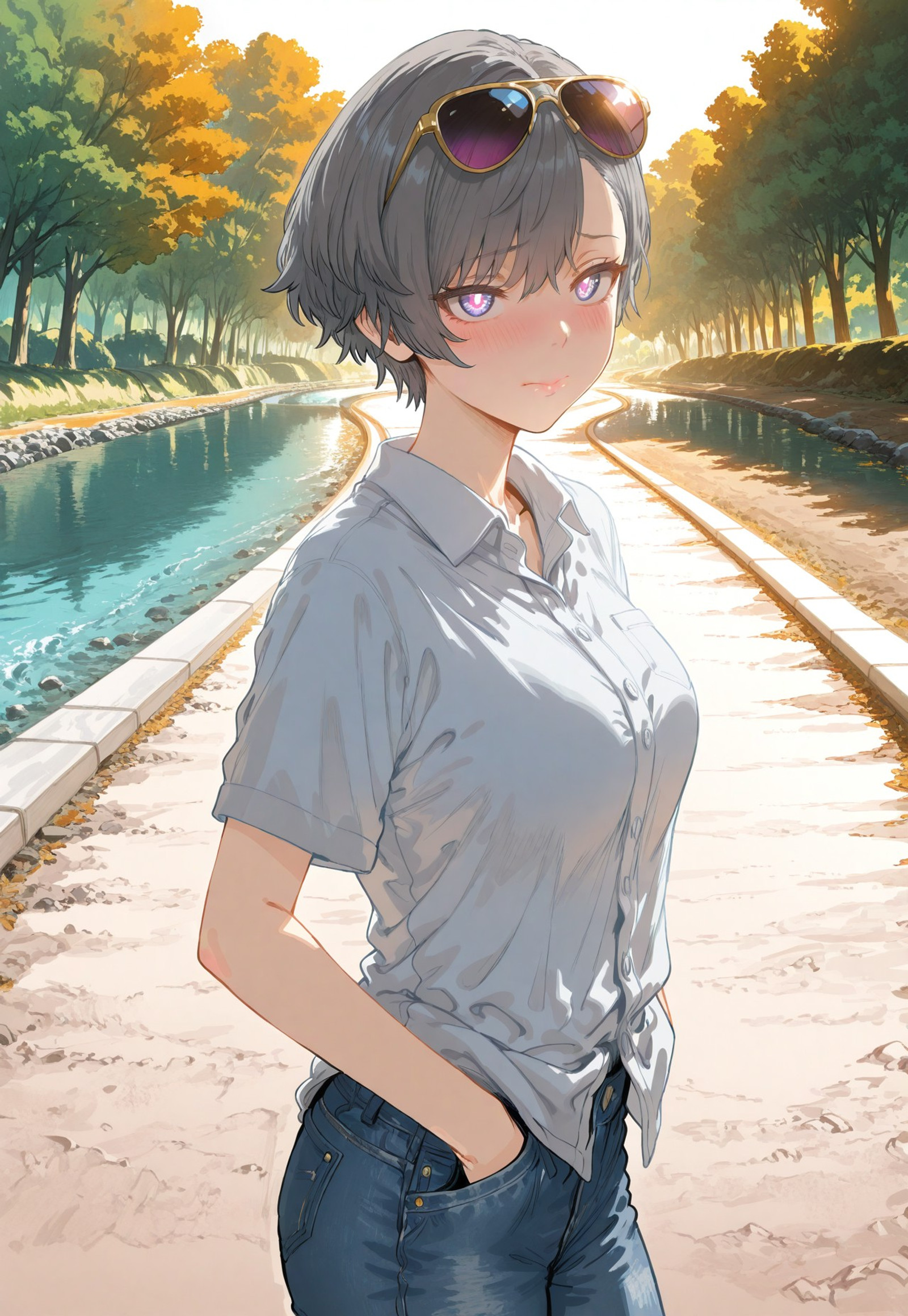 masterpiece, best quality, amazing quality, aesthetic, absurdres, newest, very aesthetic, volumetric lighting, uncensored, 8k, ultrahd, ray tracing, sharp focus,
BREAK
sfw, ambient occlusion, intricate cinematic background, beautiful detailed face, (sexy, slutty, hot), anime_face, Hews,
BREAK
masterpiece, highly detailed, solo, beautiful eyes, big eyes, (iridescent eyes, bright pupils), detailed eyes, perfect eyes, detailed pupils, perfect body, (sexy lips), 1girl, closed mouth,
BREAK
pale skin,
BREAK
gray hair, fluffy hair, pixie cut, asymmetrical bangs, medium breasts, grey collared shirt, untucked shirt, short sleeves, aviator sunglasses, eyewear on head, blue jeans, casual, 
BREAK
dynamic standing pose, looking at viewer, blushing, embarrassed, hands in pockets, 
BREAK
portrait, face focus, dynamic view, cowboy shot, full body, outdoors, day, daytime, afternoon, warm colors, pathway, park, river, riverside, trees, peaceful, dark, lowlight, rich color tone, modern, contemporary, fantasy, tasteful layout, cinematic composition, detailed background,