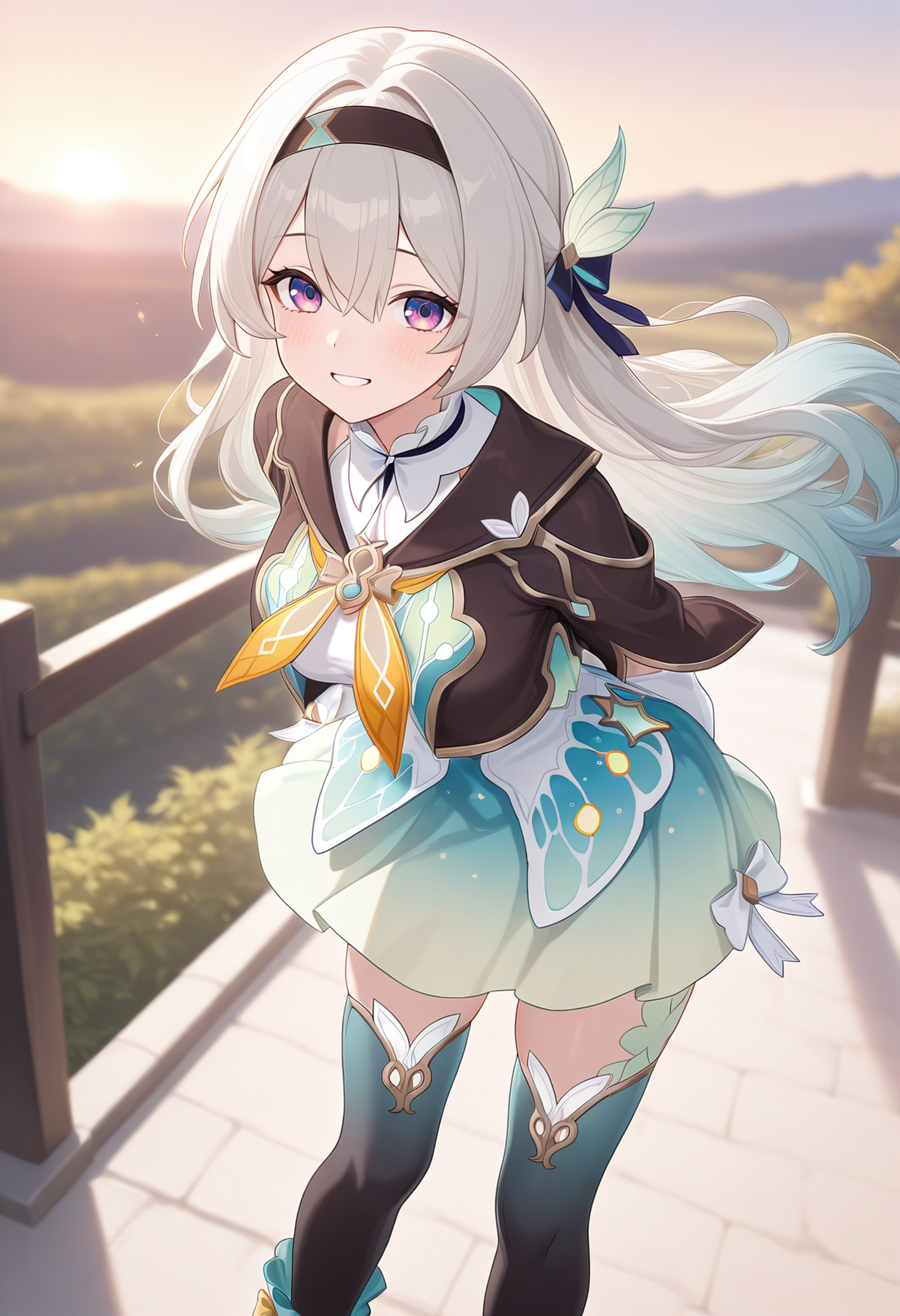masterpiece, newest, absurdres, best quality, amazing quality, very aesthetic, ultra-detailed, highly detailed,
1girl, solo, blush,
<lora:Char-HonkaiSR-Firefly-V4-IL:0.8> firefly \(honkai: star rail\), medium breasts,
hairband, feather hair ornament, gradient thighhighs, gradient skirt, frilled shirt, frilled collar, frilled boots, cropped jacket, yellow neckerchief,
outdoors, scenery, shadow, backlighting, blurry background,
spring, wind,
<lora:lightingSlider:0.4> sunset,
looking at viewer, leaning forward, arms behind back, smile,
feet out of frame,