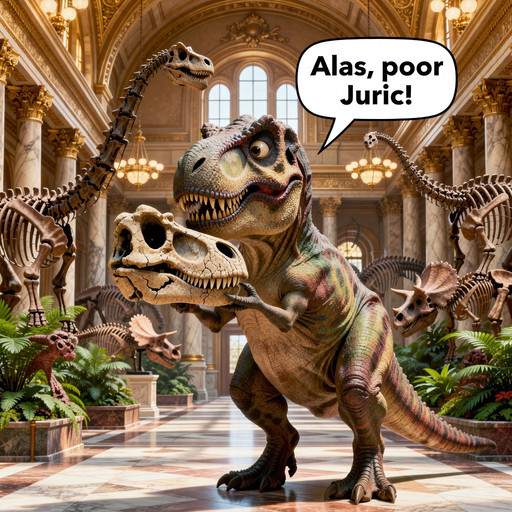 A vibrant, highly detailed masterpiece in a rich Pixar movie style with bright saturated colors.
Setting: Inside a grand, classic Paleontology Museum filled with majestic dinosaur skeletons in the background.
The Centerpiece Pose: A large, realistic but highly expressive T-Rex dinosaur is standing in the middle of the hall, captured in a dramatic three-quarter profile view. He is reenacting Shakespeare's Hamlet: he is holding a weathered dinosaur skull up in his short arms, lifting it to his eye level. The T-Rex is looking directly at the skull, staring with deep melancholy into its hollow eye sockets.
The Speech Bubble: A clean, clearly legible white comic-style speech bubble comes from the T-Rex's mouth, with bold text saying exactly: "Alas, poor Juric!"
Style: Beautiful museum architecture lighting, detailed bone textures, realistic scaly dinosaur skin, sharp focus, deadpan comedic storytelling