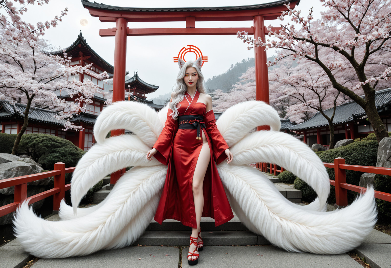 score_9, score_8_up, score_7_up, 1girl,
kitsune, fox girl, fox ears, nine tails,
multiple large fluffy white fox tails,
tails fanned out behind her,
japanese features, asian features, petite,
pale porcelain skin, silver white hair,
long flowing hair, glowing amber eyes,
slit pupils, detailed face,
CyberRealisticPony_V14.0,
standing beneath giant torii gate, 
full moon directly behind her head like a halo,
tails spread wide framing the gate,
red kimono open at shoulders,
mist at her feet, wide cinematic shot