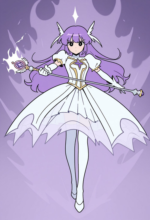idnmas, flat color, magical_girl with violet hair against a blurred background, holding scepter, white aura, henshin, white healer clothes, defiant. foreshortening