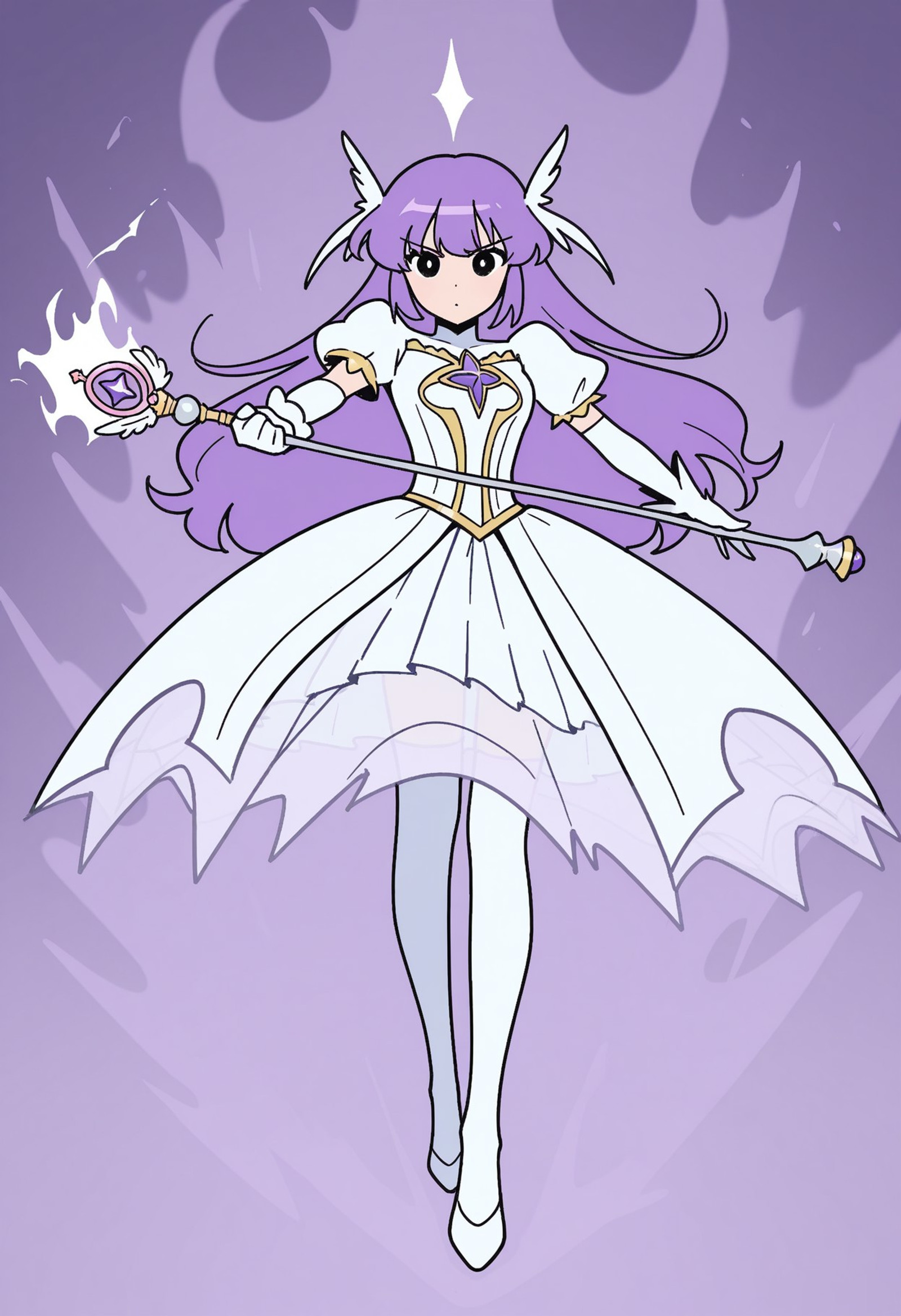 idnmas, flat color, magical_girl with violet hair against a blurred background, holding scepter, white aura, henshin, white healer clothes, defiant. foreshortening