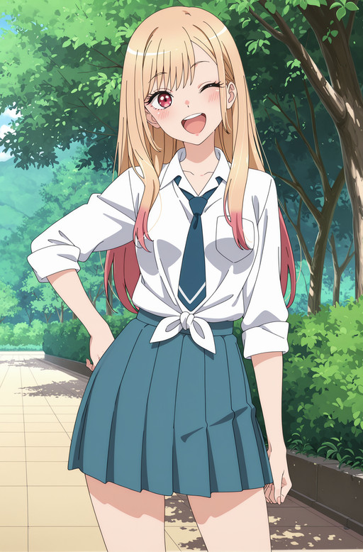 anime coloring, detailed face, masterpiece, best quality,
 <lora:Marin_Kitagawa_My_Dress-Up_Darling_season_1_and_2:1>
mar1n, 1girl, solo, Marin school uniform outfit, red eyes, blonde hair, multicolored hair, blue necktie, school uniform, white shirt, tied shirt, blue skirt, pleated skirt, collared shirt, wink, cowboy shot, outdoors,