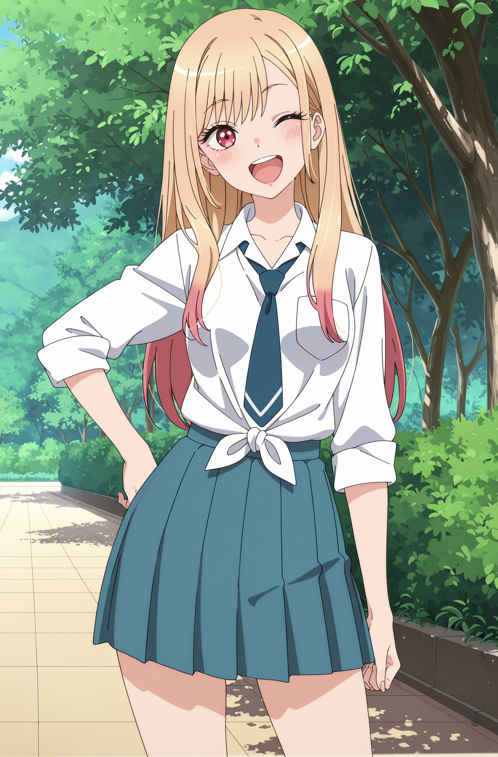 anime coloring, detailed face, masterpiece, best quality,
 <lora:Marin_Kitagawa_My_Dress-Up_Darling_season_1_and_2:1>
mar1n, 1girl, solo, Marin school uniform outfit, red eyes, blonde hair, multicolored hair, blue necktie, school uniform, white shirt, tied shirt, blue skirt, pleated skirt, collared shirt, wink, cowboy shot, outdoors,