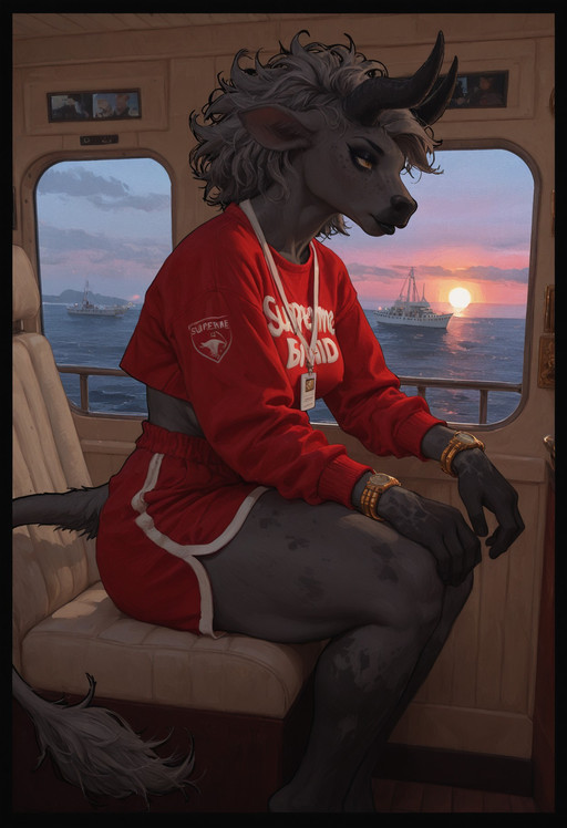 (((hyper realistic, detailed))), masterpiece, best quality, amazing quality, very aesthetic, 4k, high resolution, ultra-detailed, absurdres, realistic, photo, scenery, cover page, volumetric lighting, ambient occlusion, perfect anatomy, anime style, (Black outline, vibrant Vivid colors, black outline, smooth pastel lighting:1.7), (visual depth:1.8),
BREAK
sexy anthro bovine, nardoragon bovine, hybrid ram horns, bovid horns, 4horns, ruffled hair, grey hair, dark grey fur, furry bovine, fluffy tail, dark grey horns, grey body, black freckles, black gradient hands, black lips, black eyeshadow, cute, yellow eyes, skinny arms, big thick thighs, medium round boobs, gold bangles, 
BREAK
Supreme merch, red cropped sweatshirt with Supreme logo, red booty shorts, white lanyard, gold Rolex watch, 
BREAK
sitting in cruise ship legs dangling off edge, side view, low view, ocean, far drop, white ship, motion blur, water splash, clear skies, beaming hard sunlight, bright