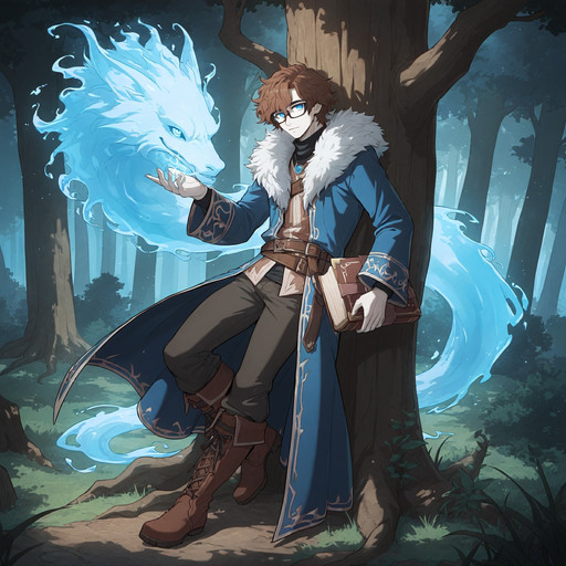 1boy, male, solo, full body, perfect anatomy, clear eyes 

1boy, [Leyte, Human, male, slender, pale skin, blue eyes, glasses, short messy hair, brown hair, clean shaven, blue coat, fur collar, trousers, boots, holding grimoire] 

Forest, trees, leaning against trees, casting spell, spirit familiar, Fantasy Theme, happy, looking at viewer, confident

SmoothNoob_Quality, SmoothNoob_Quality, detailed, ((4k,8k,Ultra HD)),((Masterpiece :1.2)),((Best quality :1.2)),((Detailed :1.5)),((Detailed background :1.5))