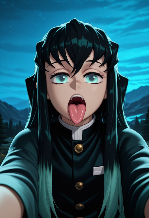 3dstylev4, 3d, krekkov style, AeolusIllus, night, light from the side, outdoors, valley, palace BREAK 1boy, solo, muichirou_tokitou, black hair, aqua eyes, long hair, bangs, hair between eyes, sidelocks, multicolored hair, two-tone hair, gradient hair, aqua hair, black demon slayer uniform, flat_chest, looking at viewer, expressionless, parted lips, (close-up, upper body), ((open mouth, tongue out)), mouth focus, (reaching past viewer) <lora:3d_style:0.25> <lora:Aeolus06_style_-_Illustrious:1.0> <lora:Krekkov_Style-000009:0.4> <lora:Carro3DSculpts_ArtStyle:1.0> <lora:muichirou_tokitou_ilxl:0.8>