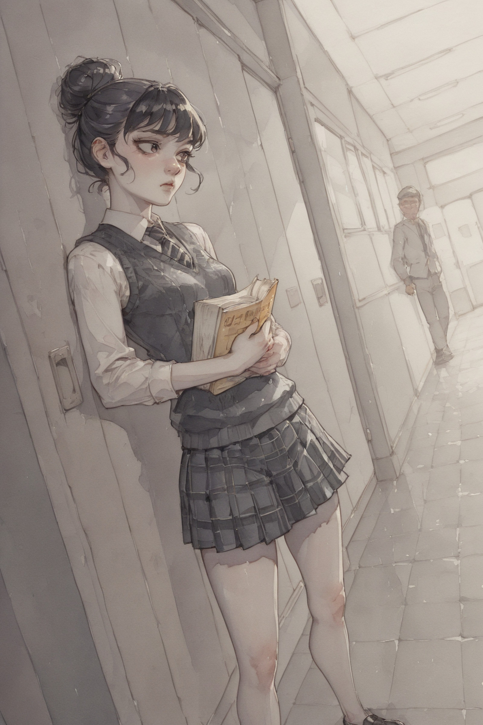 (Watercolor): 5, (Pastel), (Watercolors), Pencil Lines, Smooth Color Transitions,
Paint Drips, Watercolor Paint, Drawing Lines,
High Detail, Detailed, Depth of Field, Dynamic Lighting, Masterpiece, Detailed Eyes, <lora:watercolor2IL-style:1>
Girl, skinny, awkward, ugly, plain, stooped,
triangular face, pointed chin, long face, high cheekbones, large eyes, thin lips, high nose, gloomy, disdainful expression, pale skin, black hair, one high bun, very small curls, deep-set eyes, ribbon in hair,
narrow shoulders, small breasts, pendulous breasts, protruding breasts, very thin waist, narrow hips,
white shirt, knit vest, plaid skirt, white goltsy, striped tie, school uniform, school shoes, formal clothes,
standing in the school hallway, looking around, clutching a stack of notebooks to her chest, grimacing,
suspicious, sullen, Dutch angle, legs spread,