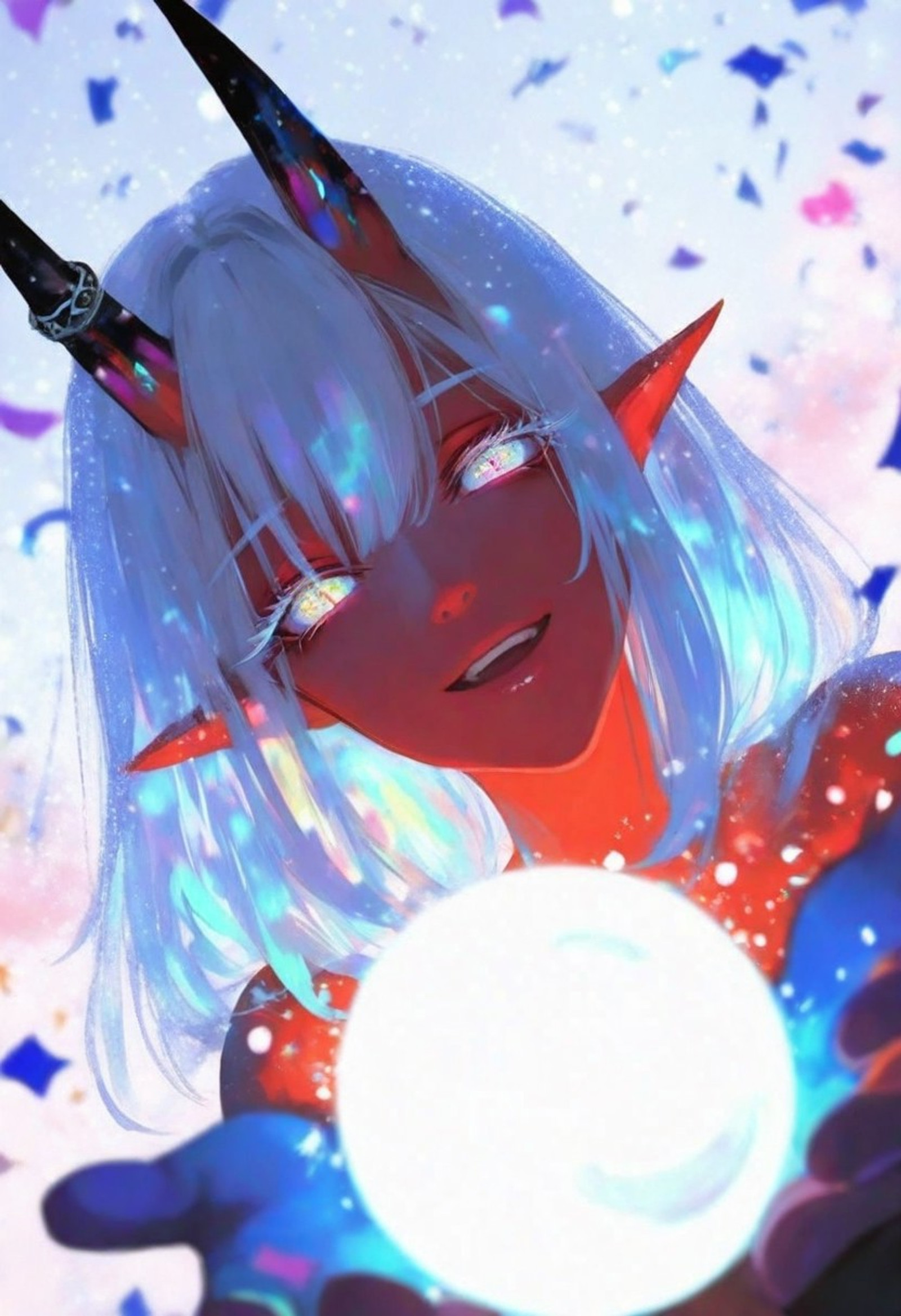 masterpiece, best quality, ultra-detailed, very aesthetic, depth of field, best lighting, detailed illustration, detailed background, beautiful face, beautiful eyes, soft lighting, bloom effect, detailed background, cute girl, eyelashes, foreshortening,
Aka-Oni, oni, (oni horns), colored skin, (red skin:1.3), smooth horns, black horns, straight horns, mature,
1girl,solo,beautiful face, perfect eyes, detailed eyes,mature female,
 sword stuck in the ground, Surrounding colorful confetti-like particles scattered across the water, creating a vibrant and whimsical atmosphere. In the background, there is a reflection of a star and a crescent moon, color palette is soft and pastel, with a focus on blues, purples, and yellows. The image has a dreamy, almost magical quality, with the cat appearing to be in a whimsical, otherworldly setting, shiny, white theme, meteorhanddrawing, Bling Oil Painting, shadows, glow,
[(by alphonse_\(white_datura\):1.3)|(by kana616:0.8)], [(by hen-tie:1.3)|(by kagami_\(galgamesion\):1.2)], (by kinokohime:1.2), (by yatsuha_\(hachiyoh\):0.8), (by j.k.:1.1), by kukka, by keihh, wlop, cinematic, epic,