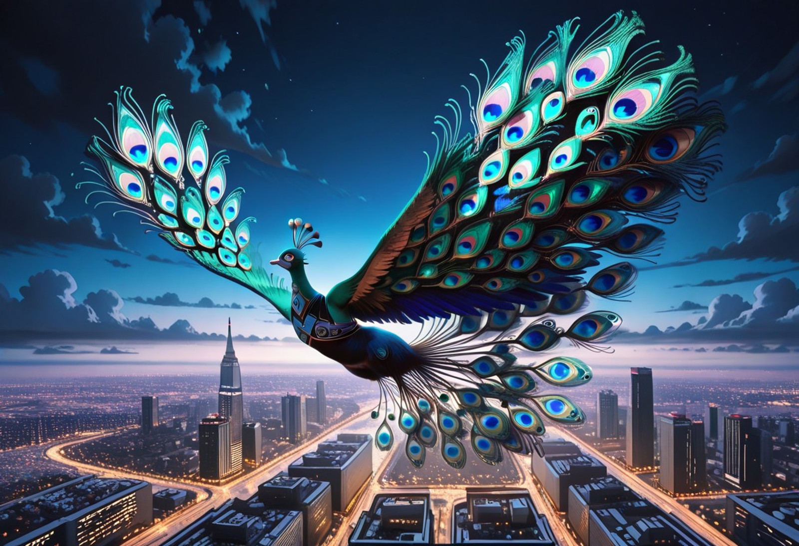 lazypos, Peacock.
1girl, peacock morph uniform, feathered behind, wings, flying, in air, spread wings,
peacock morph buildings, city, urban, night, sky, clouds, landscape,