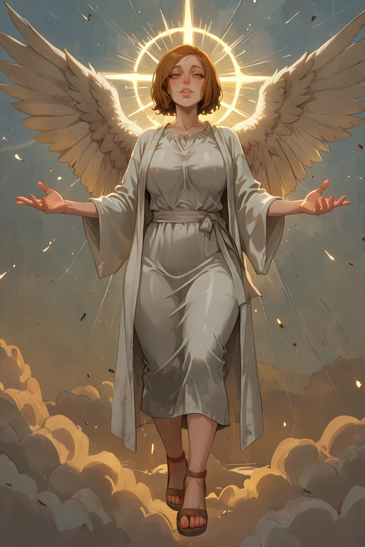 masterpiece, best quality, score_9,score_8,cl4r4,brown_eyes, freckles, short hair,
she is levitating in the air with her arms open , she is wearing a white long robe with two massive angel wings  in her back . she is above the cloud at golden hour , god rays are shining
