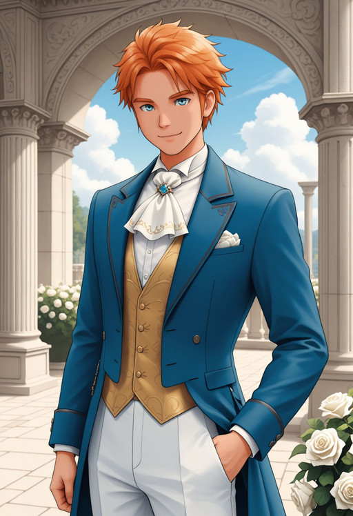 very awa, masterpiece, best quality, absurdres, newest, perfect quality, detailed background, intricate details, solo,
<lora:HMANBR0d:1.0>
HMANBR0d, 1boy, male Focus, orange hair, blue eyes, 
ascot, white flower, looking at viewer, outdoors, pillar, long sleeves, smile, arch, day, blue coat, sky, pants, buttons, white rose, standing, column, vest, open clothes
