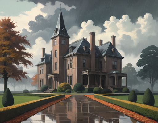 a gothic-style English estate with towering chimneys and ornate stonework, set in a vast park with winding gravel paths and rain-drenched hedges. Thunderclouds gather overhead, and the air is thick with mist. Rich autumn tones, cinematic realism, dramatic contrast, High quality, best quality, masterpiece, muted tones, desaturated colors, strong geometric architecture, loneliness, quiet introspection, stillness, melancholic atmosphere, 1940s American realism, mid-century architecture, vintage clothing styles,  oil painting texture, canvas brush strokes, in the style of an Edward Hopper painting