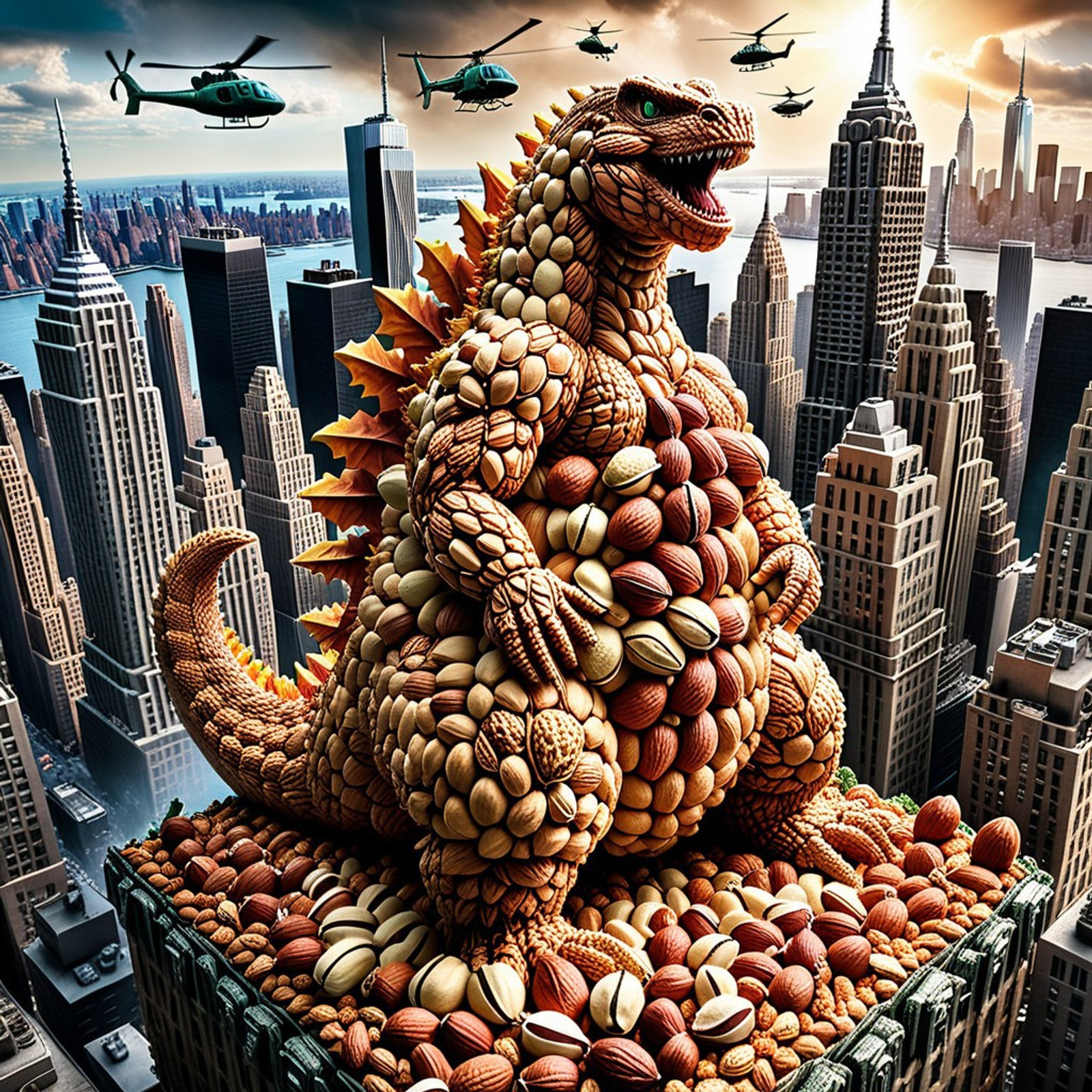 very colorful, nutstylesnut style, nutstylesnut World Morph theme, New York City made of nuts, 8k, Ultra close-up photo masterpiece, tack sharp shot, dramatic wide angle, absurdres, detailed, subject focus, ultra sharp. dramatic cinematic sun rays and dramatic weather lighting.
((Godzilla made of nuts in nutstylesnut style (climbing up a high very detailed skyscraper made of nuts in nutstylesnut style in the middle of New York City), ((Helicopters circling around Godzilla and the high skyscraper, holding a smoking giant nut))), from above, from_above, dramatic angle). detailed New York Skyline made of nuts in nutstylesnut style background, intricate motif, contrasts. looking at viewer. Ultra close-up.