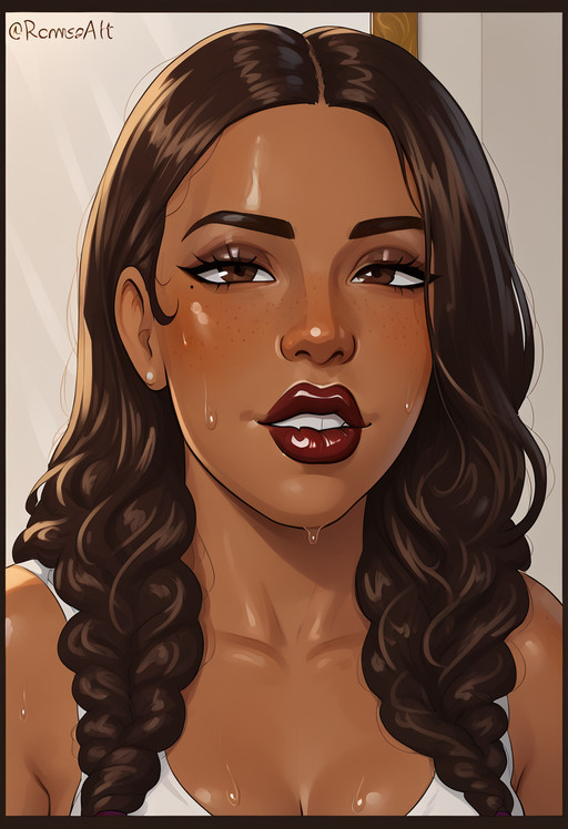 score_9, score_8_up, score_7_up, absurdres, <lora:PONYXL_STYLE_Rocner_ownwaifu:1>, BREAK PONYXL_STYLE_Rocner_ownwaifu, 1girl, dark-skinned female, dark skin, lips, lipstick, long hair, makeup, mole, mole under eye, solo, looking at viewer, brown hair, sweat, fang, freckles, brown eyes, border, red lips, black hair, parted lips, teeth, half-closed eyes, portrait, biting own lip, lipstick mark, thick lips, mirror, brown lips
