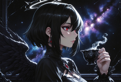 masterpiece, maria_rose:0.3, kaeranu_kaeru:0.3, waterring:0.3, sciamano:0.5,
1girl, solo, general, epic, cinematic, 
cosmic background, nebula, starfield, pale gothic romance, reflections in dark teacup, black and white shattered halo, skin made of static