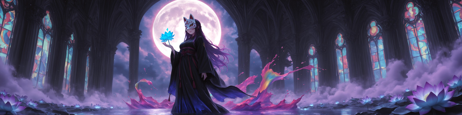masterpiece, maria_rose:0.3, kaeranu_kaeru:0.3, waterring:0.3, sciamano:0.5,
1girl, solo, epic, cinematic, 
impossible color lotus, rainbow fog shattered fox mask, velvet moon procession, stained glass requiem, watercolor splashes, ink diffusion, psychedelic, psychotic smile