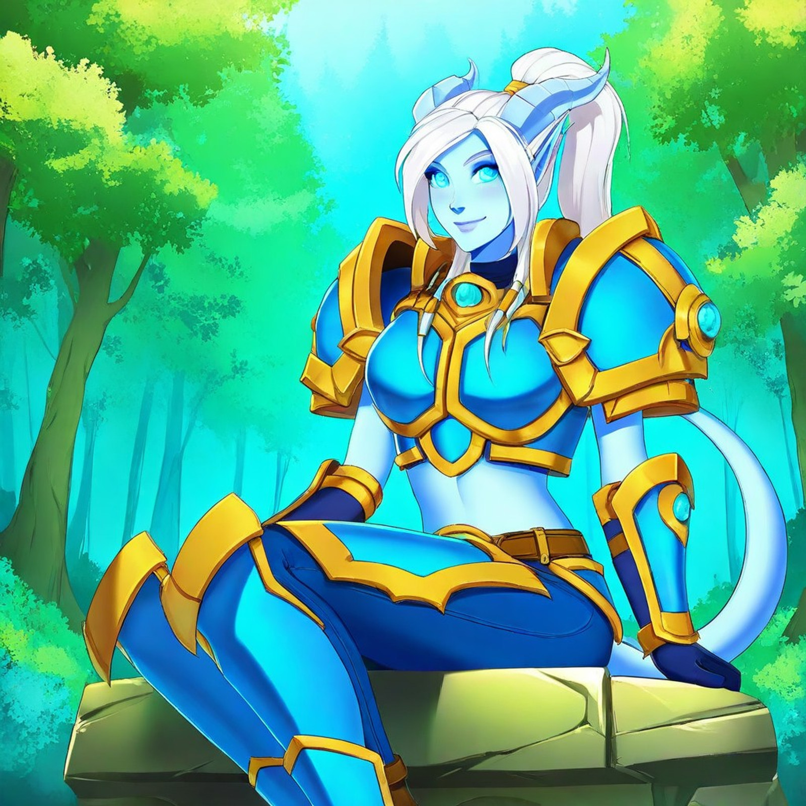 masterpiece, high quality, 1female, solo, mature, highly detailed, World of Warcraft, WoW, draenei, drnei, blue skin, blue eyes, white hair, long ponytail, pointy ears, horns, tail, shoulderpads, blue scale armour, blue gloves, blue scale pants, beautiful face, smiling, sitting, day, forest, front view, details