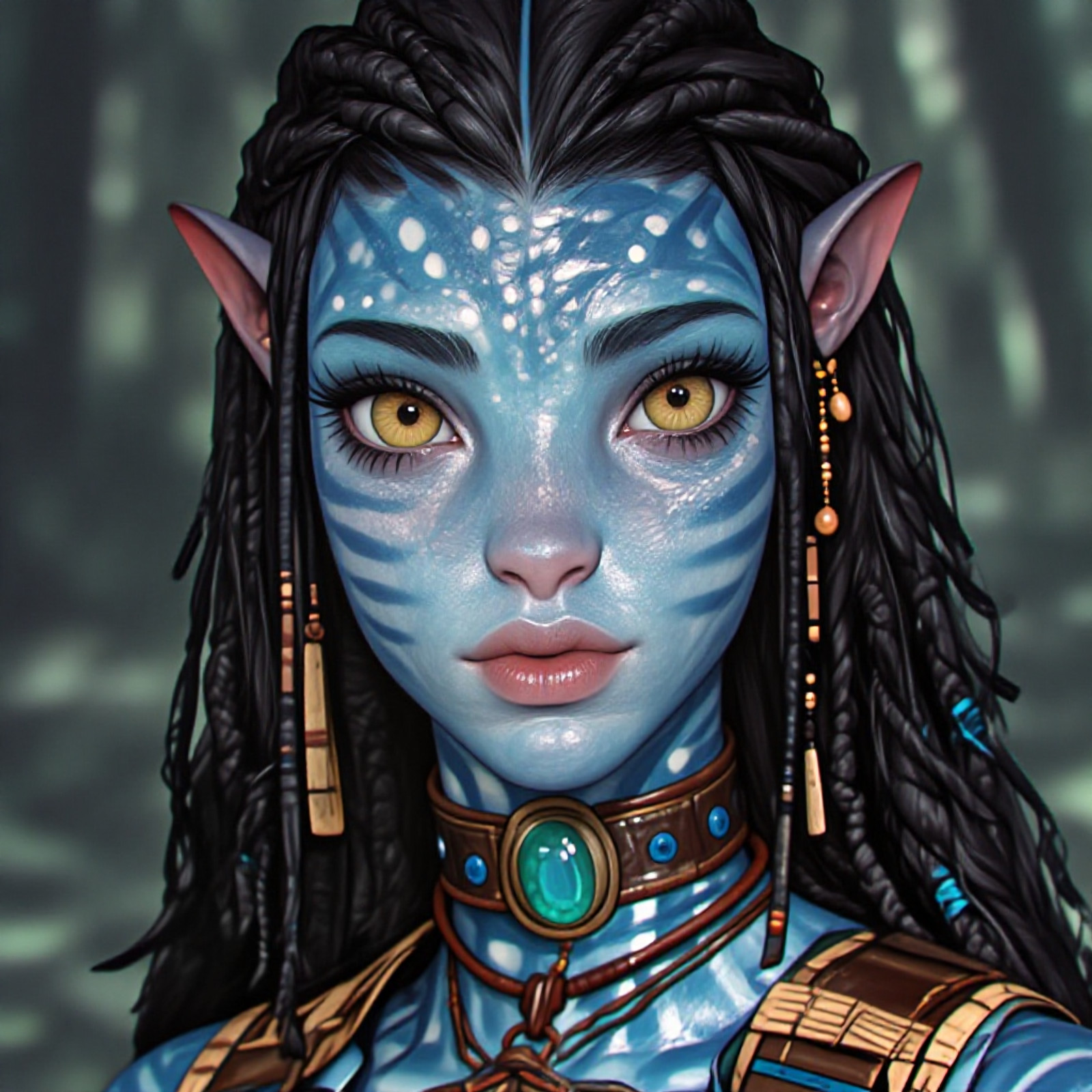 A hyper-realistic digital art / 3D character render of a female humanoid alien resembling a Na'vi from the Avatar universe, front-facing portrait. She has blue, realistic, porous skin with bioluminescent-style white dots on forehead and nose bridge, faint darker blue tiger-stripe patterns, and slight gloss/sheen on high points. Her eyes are large, almond-shaped, wide-set, golden yellow/amber with small black pupils and long, black, defined eyelashes. She has pointed, elf-like ears high on the side of the head, a broad, feline-like nose with a flat and wide bridge, and full lips with a natural rose/pink tint in a neutral, calm expression. Her black hair features intricate braiding with micro-braids, loose strands, beaded decorations in wood, blue, and yellow, and thread wrappings. Accessories include a brown leather choker with blue studs and a large central oval green gemstone in a bronze/gold setting, a layered, knotted necklace of thin leather cords, a dangle earring with brown beads and a copper/bronze end on the right ear, and a long, flat, rectangular pendant on the left ear. She wears a tribal harness/straps of woven texture with a leather look, in earth tones of brown and beige with teal accents and geometric woven patterns. The image uses soft diffuse lighting with highlights on forehead, nose tip, lips, and shoulders, and soft occlusion shadows under chin and hair. The background is a bokeh out-of-focus with muted greens and greys, suggesting a forest or jungle environment, with sharp focus on the face and eyes.
