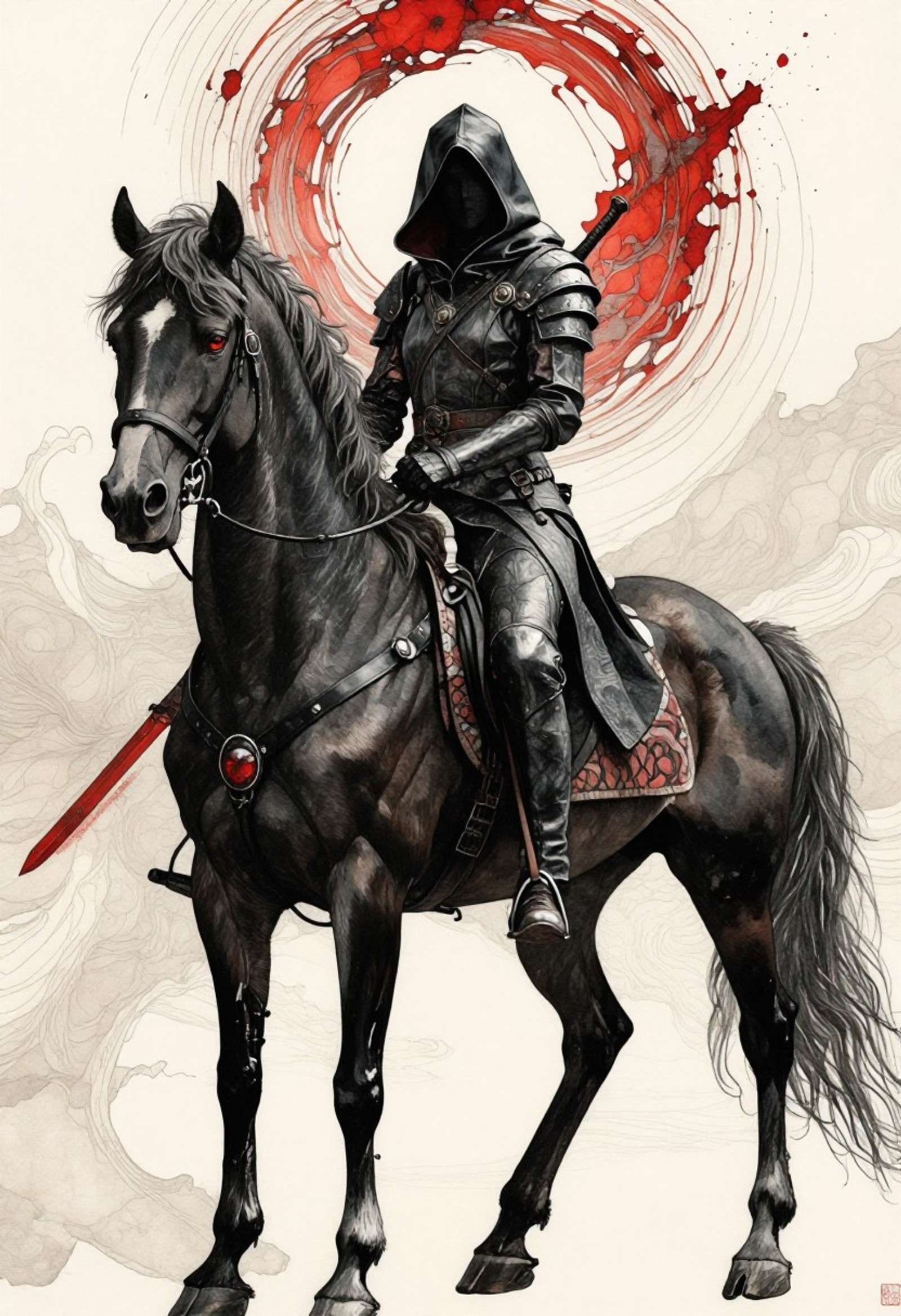 coniltralution art style: a demonic rider in black leather armor, a black hood, and boots is riding a black demonic horse with detailed black harness. The horse's eyes glow red, and the rider holds a sword with a crimson aura. <lora:Illustration_E16:0.8>