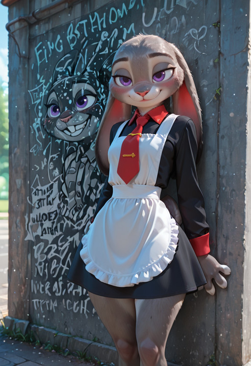 masterpiece, best quality, absurdres, highres, high quality, highly detailed, official art, 3d, amazing quality, detailed background, dramatic lighting, rim lighting, fill light, (bokeh:1.5)   ,
JudyHopps, solo, purple eyes,  thin waist, wide hips, furry female, bunny girl, bunny ears,  ears down, rabbit tail, ((ultra detailed fur:1.5)), Judy Hopps, thin waist, big rabbit tail, big detailed purple eyes, curious look, tilted head, shy smile BREAK   dynamic pose,  presenting, perfect huge breast, saggy breasts, long legs, soviet school uniform, long sleeves, dress, black dress, white apron, red tie, soviet tie,  nm_graduation, leaning against a concrete wall full of graffiti, russian words on wall, detailed background,blush, smile,   BREAK day, sun light, outdoors, back yard of soviet shool, soviet street, 8k, UHD, HD, absurdres, masterpiece, intricate detail, highly detailed, fill light, cinematic lighting, photorealistic, g0th1c <lora:judyhopps-v3-Yiffy:0.2> <lora:incoth:0.5> <lora:AddMicroDetails_NoobAI:0.5> <lora:NM_graduation:1>