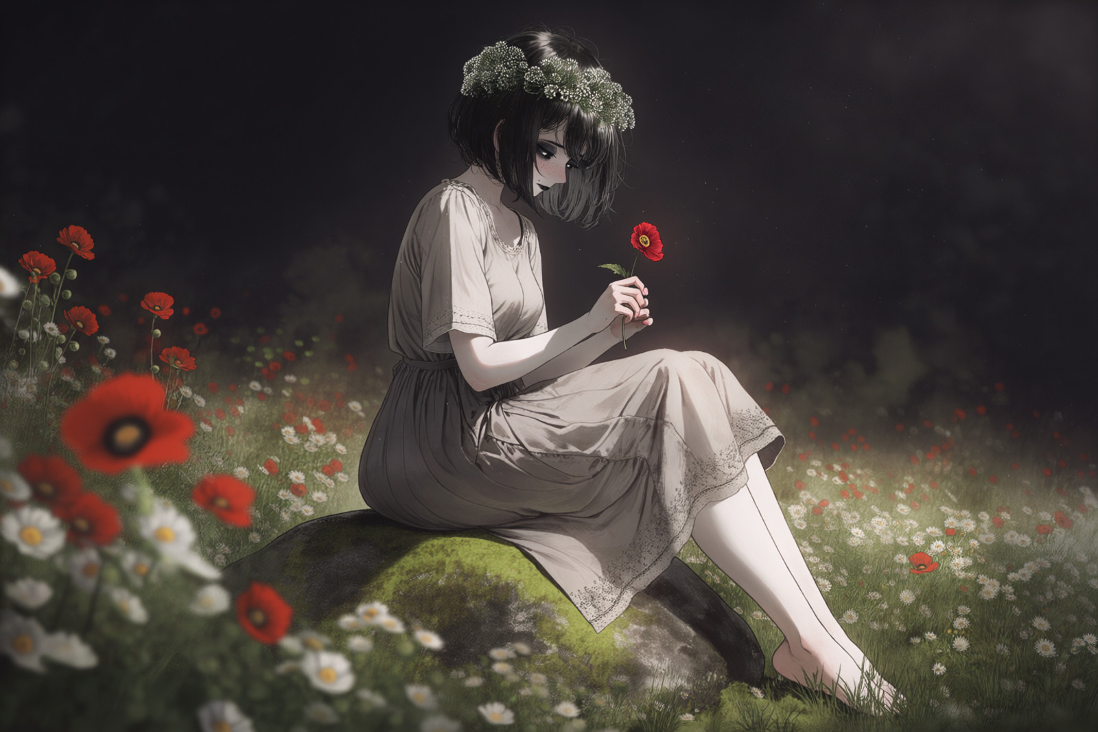masterpiece, best quality, year 2025, newest, highres, absurdres, 1girl, solo, death-chan, original character, @Rolua:0.8, anime style, cinematic, dark fantasy, dark background, black sclera, white pupils (looking down at a flower in her hand), pale skin, freckles, short black bob (messy, with a wildflower crown), dark circles, black lipstick, black eyeliner, black mascara, mole under lip, petite, skinny, narrow waist, natural curves, mid breasts, wearing a soft grey cotton dress (short, loose, with embroidery), barefoot, sitting on a large mossy rock in a meadow of poppies and daisies, holding a single red poppy, looking at it, a faint melancholy smile, no other people, painterly, impasto, oil painting, thick brush strokes, lineless, soft edges, artistic, desaturated green, red, and pale grey, cinematic lighting, rule of thirds, negative space, shallow depth of field, film grain, <lora:anima-base-1-masterpiece-v51:1> <lora:animav3-l1mp1p1-exp7_1:1> <lora:scenery-anima-base:1> <lora:aesthetic-anima-base:1> <lora:anima-painterly-tags-e49:1>