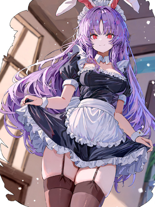 masterpiece, best quality, score_7, safe, very aesthetic, masterpiece, ultra-detailed, fair_skin, high contrast, huge filesize, masterpiece, highres, absurdres, illustration, @258n, 258n, 
touhou, reisen udongein inaba, 1girl, alternate costume, animal ears, apron, black dress, brown thighhighs, closed mouth, detached collar, dress, enmaided, garter straps, holding own dress, long hair, looking at viewer, maid, maid headdress, puffy short sleeves, puffy sleeves, purple hair, rabbit ears, rabbit girl, red eyes, short sleeves, smile, solo, thick thighs, thighhighs, thighs, very long hair, waist apron, white apron, white wrist cuffs, wrist cuffs, blurry, blurry_background, indoors,
blending, @agefx, ligne claire, A ligne claire style illustration,
<lora:ãAnimaãhighres-aesthetic-boost:1.0> <lora:ãAnimaãagefx-4:1.0> <lora:ãAnimaãclaire_ligne_anima_v1-step00003500:0.6> <lora:ãAnimaãbetabee:0.7> <lora:ãAnimaãbase-1-blending-v2:0.7>