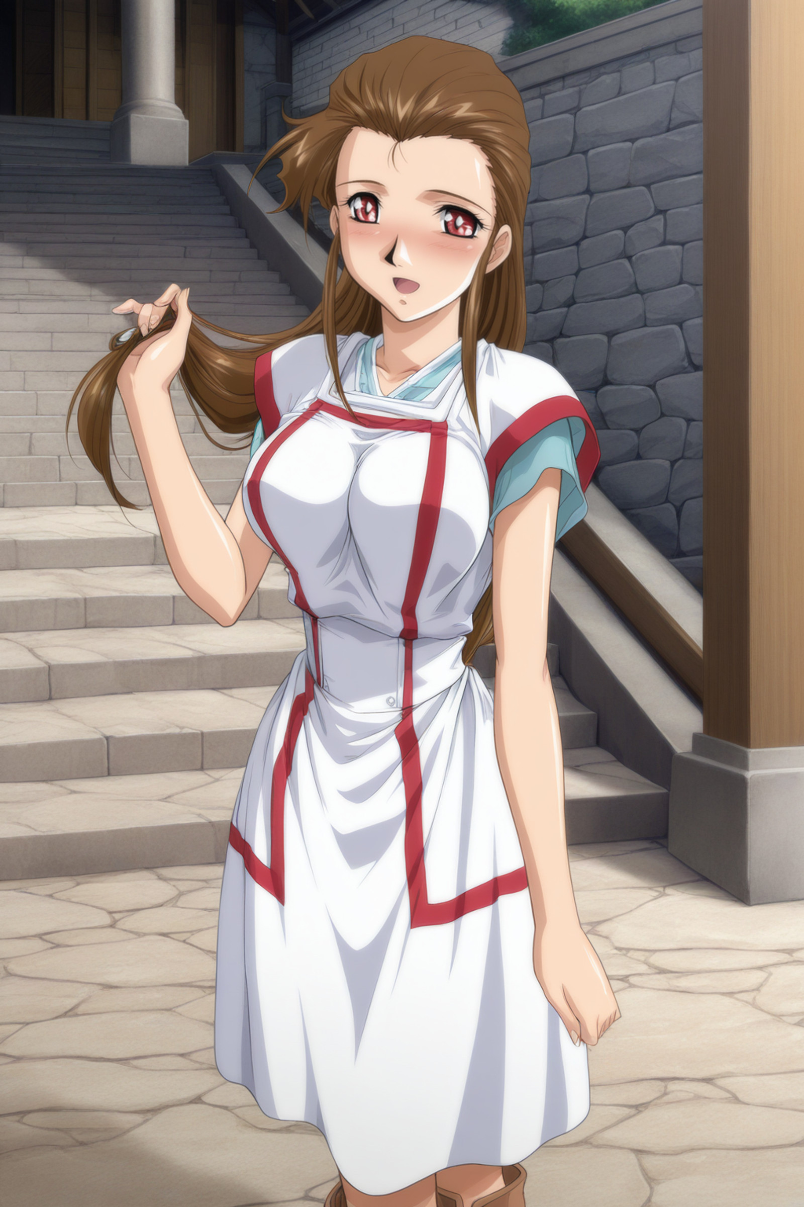 masterpiece,best quality,amazing quality,izyi Fortuna,game cg,Eris,1girl,solo,brown hair,long hair,hair tie,red eyes,large breasts,white dress,short sleeves,boots,open mouth,smile,blush,hand holding hair,standing,temple,<lora:izyi Fortuna_v1.0-000011:1>,