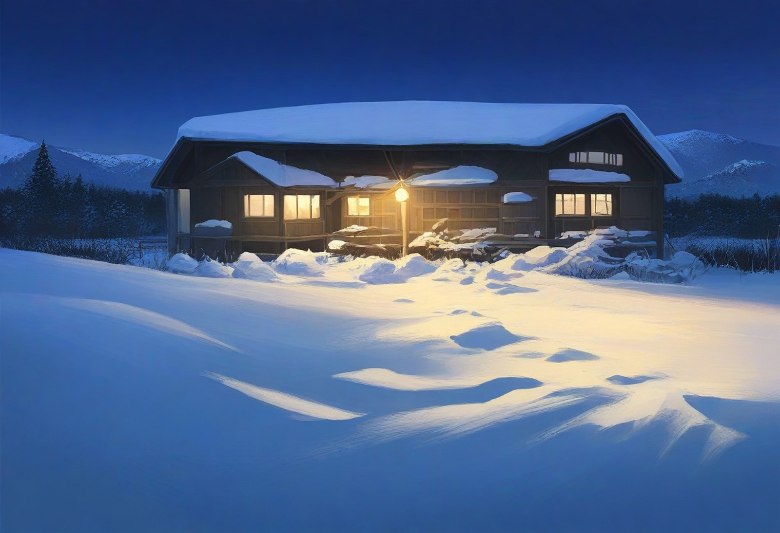 masterpiece, best quality, amazing quality, outdoors, rural homestead, snow, snowfall, night, nighttime, no humans