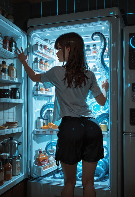 C0lorL1nes,    (photorealistic cinematic shot:1.3), (medium shot:1.2),                                                                                                                                                                                                   
  (subject: young woman standing in dark kitchen at night:1.4),
  (action: refrigerator door open, cold blue light streaming from refrigerator illuminating her face and body:1.3),
  (horror element: glowing tentacles emerging from inside refrigerator, tentacles reaching toward woman:1.4),

  (clothing: oversized white t-shirt, loose pajama shorts:1.1),
  (expression: surprised expression, slight recoil pose, body tension:1.2),

  (lighting: strong rim lighting from behind, deep shadows, chiaroscuro lighting:1.3),
  (environment: dark kitchen interior, counter silhouette in background:1.1),

  (style: high contrast, film grain, atmospheric fog, volumetric light rays from refrigerator:1.2),
  (aesthetic: night photography, noir aesthetic, cinematic color grading:1.2),

  (masterpiece:1.4), (best quality:1.2), highly detailed, 8k resolution, sharp focus, professional photography